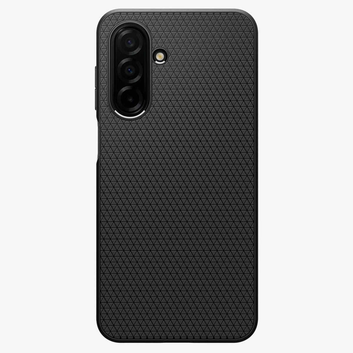 Coque de téléphone noire avec un motif texturé, sur fond gris clair.