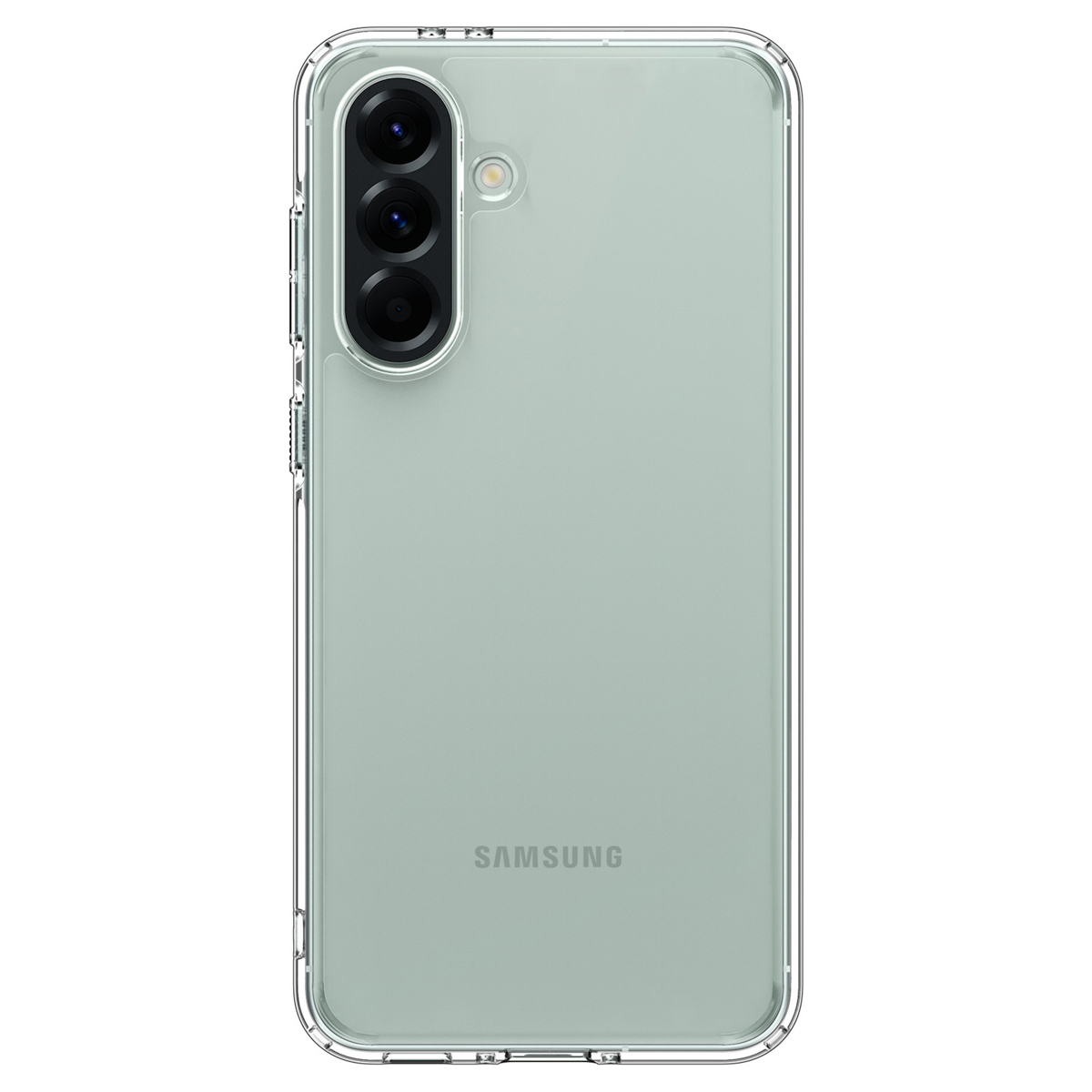 Custodia trasparente sul retro di uno smartphone verde, lenti della fotocamera visibili.