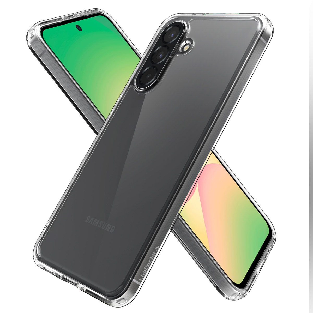 Custodie trasparenti per telefono su una superficie bianca. Telefono Samsung visibile. Logo del marchio Spigen visibile.
