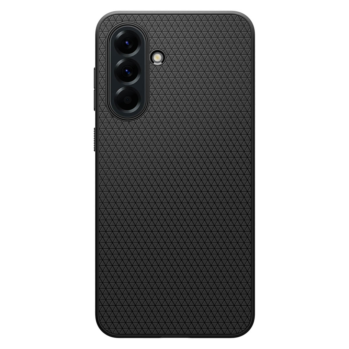 Custodia nera per telefono con superficie strutturata e sporgenza per la fotocamera. La custodia è semplice e copre il retro.