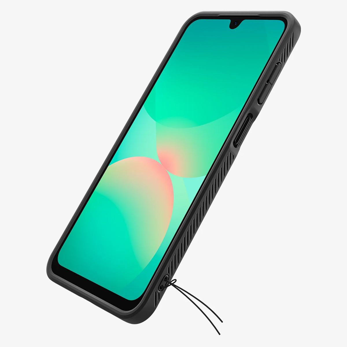 Coque noire en angle, affichant l'écran d'un téléphone.