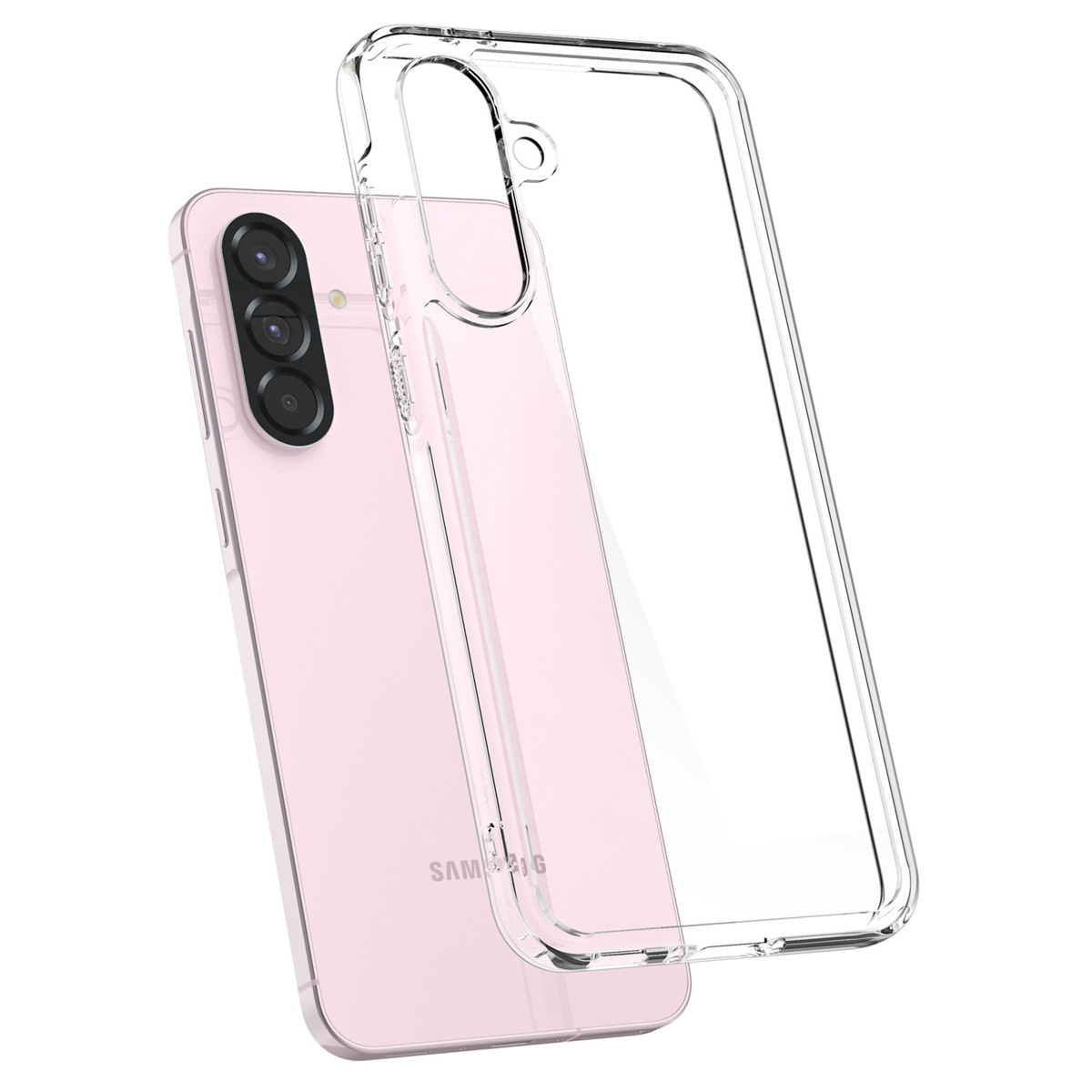 Telefono rosa in una custodia trasparente, su sfondo bianco.