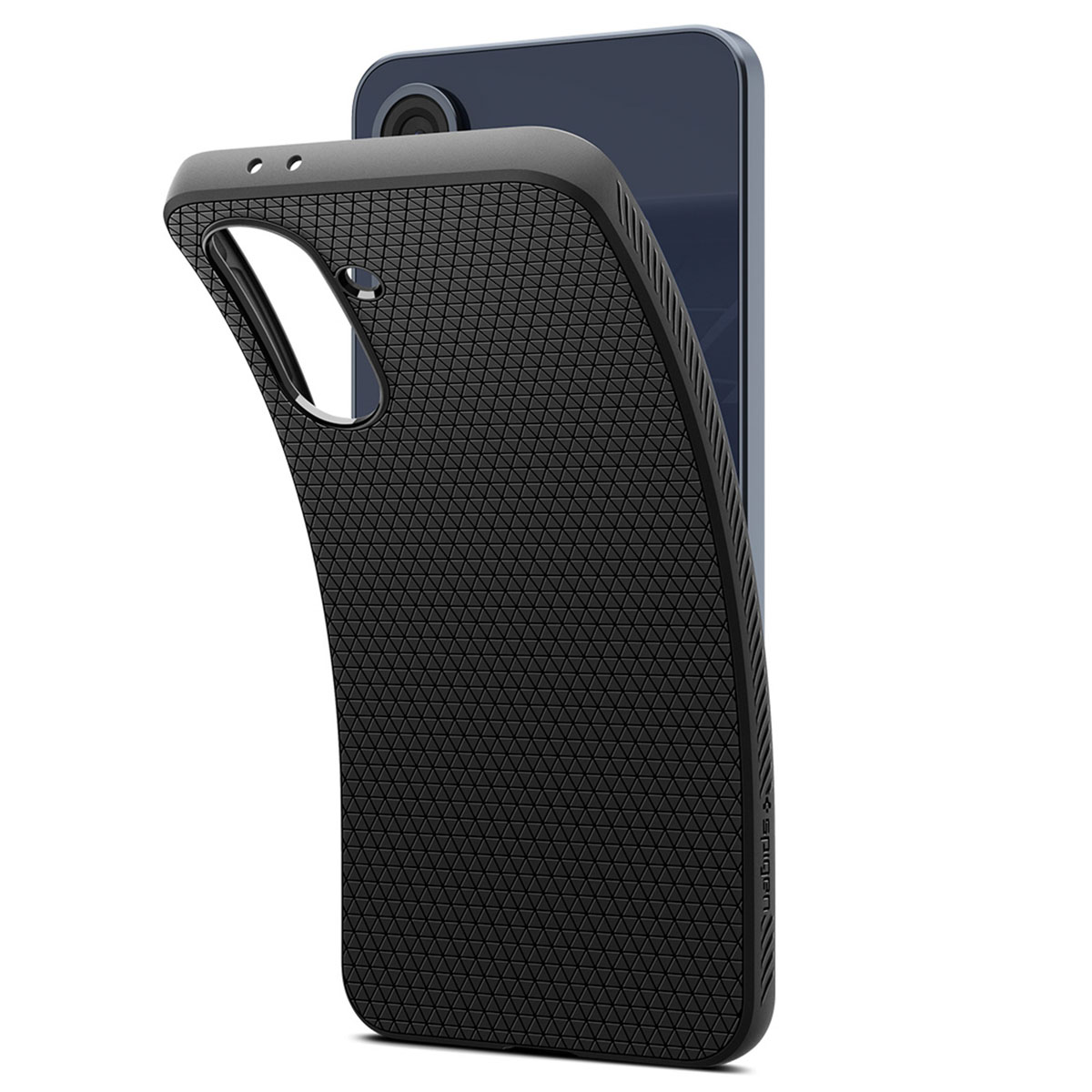 Zwarte telefoonhoes met een textuurpatroon, met een telefoon erin, op een witte achtergrond.