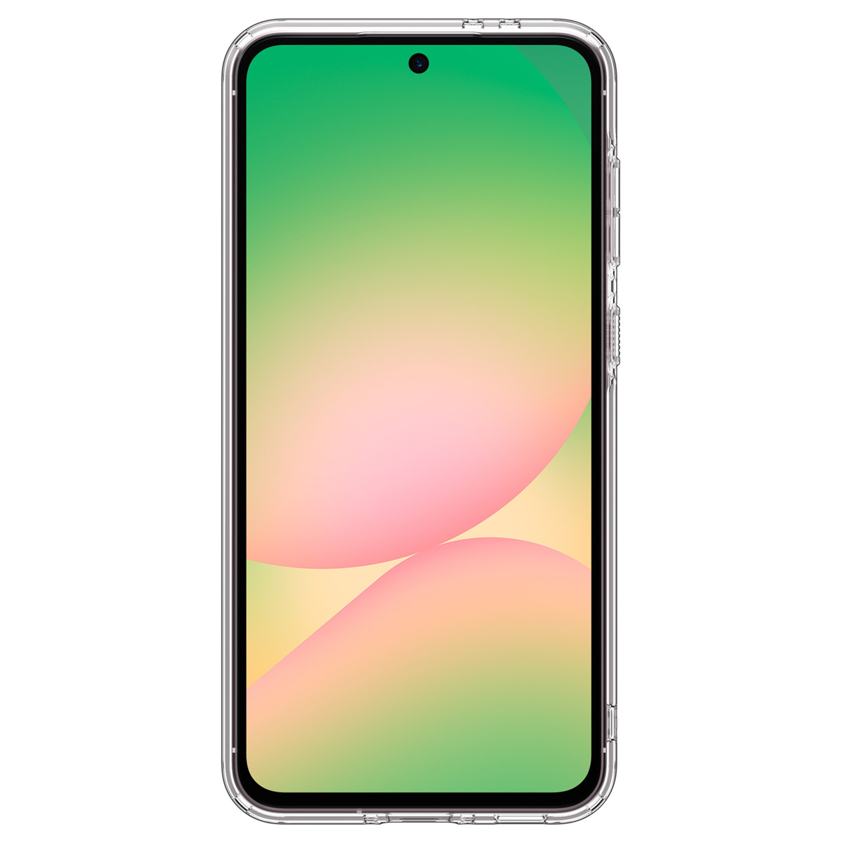 Una custodia trasparente per telefono su un telefono con schermo verde e rosa.