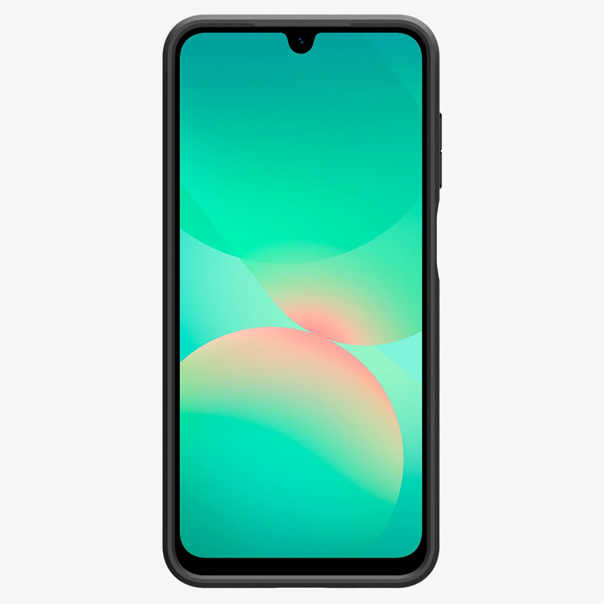 Smartphone avec un fond dégradé vert et rose. Coque noire. Fond blanc.