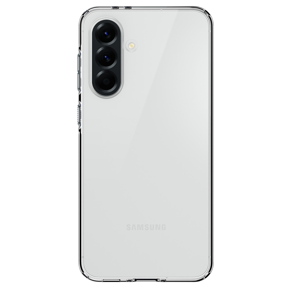 A clear phone case on a white phone. The phone has three cameras.