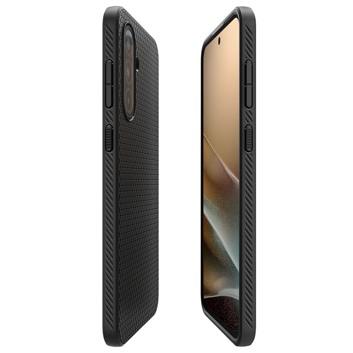 Zwarte telefoonhoes, zijaanzicht en schuine weergave, textuurpatroon.