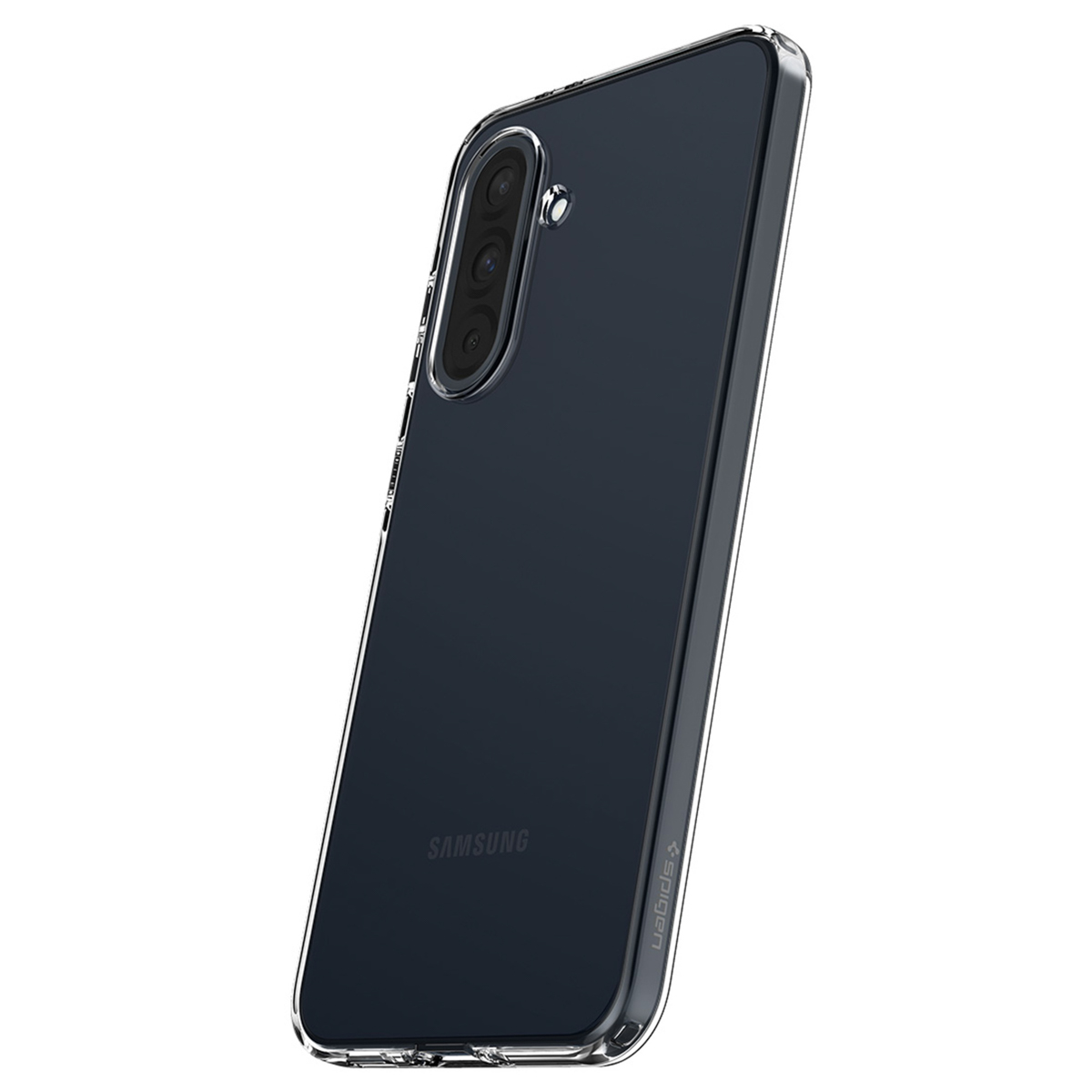 Una custodia scura per telefono su un telefono nero. Il telefono ha tre fotocamere.