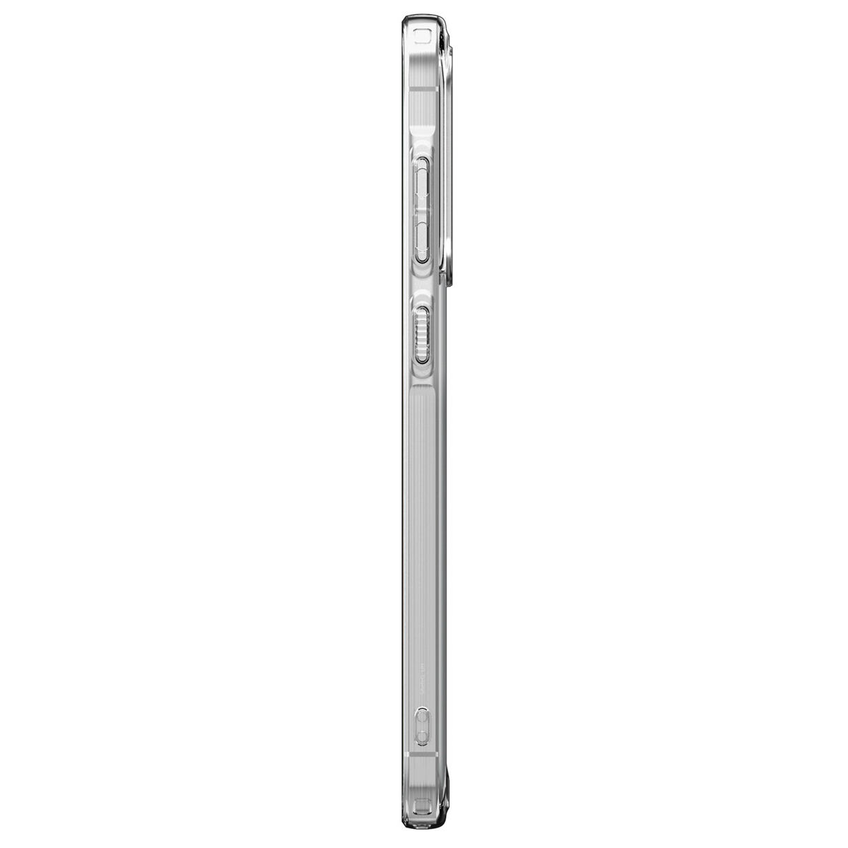 Custodia trasparente per telefono, vista laterale, con pulsanti visibili. Clip argentato. Sfondo bianco.