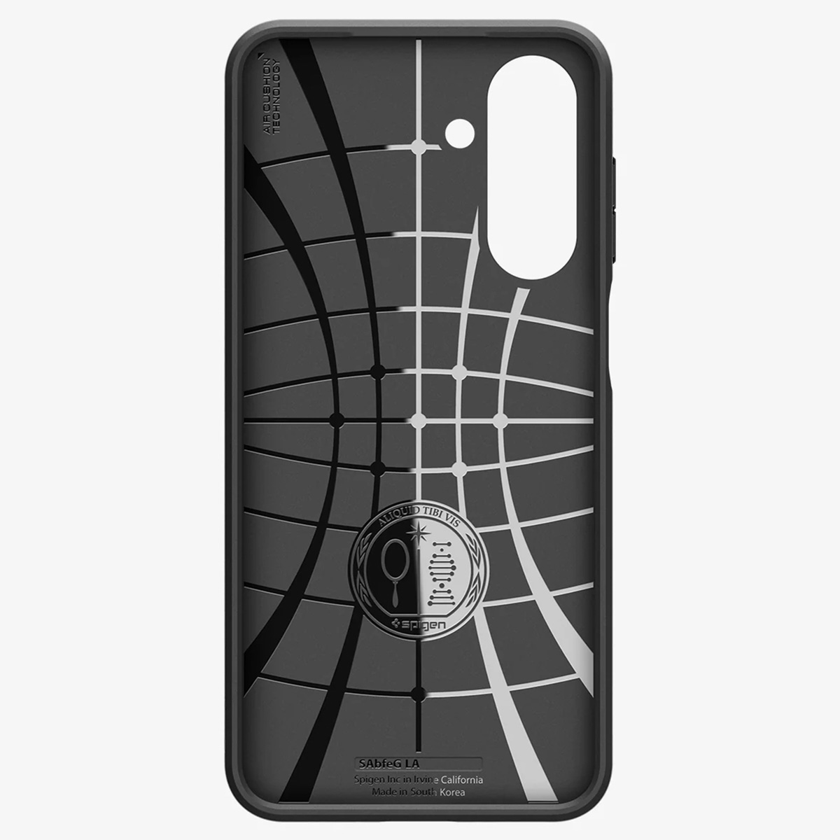 Dos de coque de téléphone avec motif quadrillé, logo Spigen et texte. Noir et blanc.