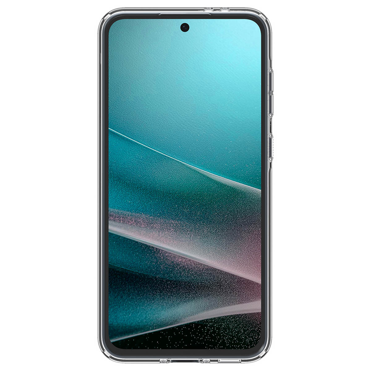 Custodia trasparente su un telefono. Lo schermo mostra una sfumatura blu e rosa. I pulsanti sono visibili.