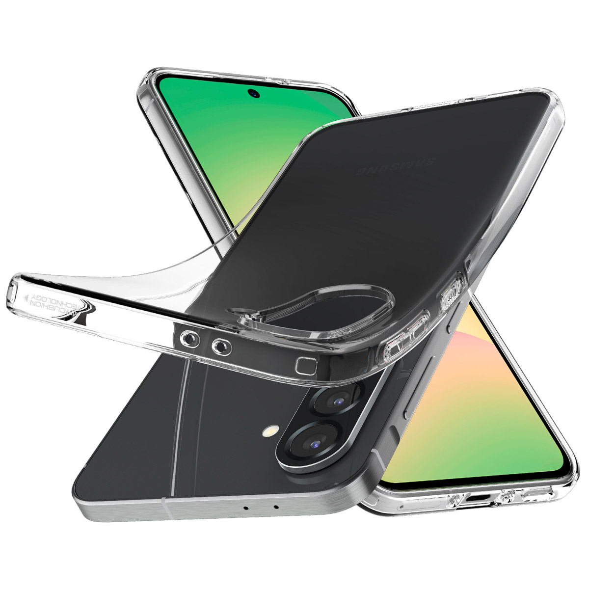 A transparent phone case. A phone is inside. The case has a camera hole and button covers.
