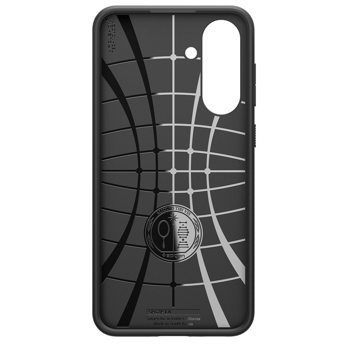 Zwarte telefoonhoes met een rasterachtig ontwerp en een logo op de achterkant.