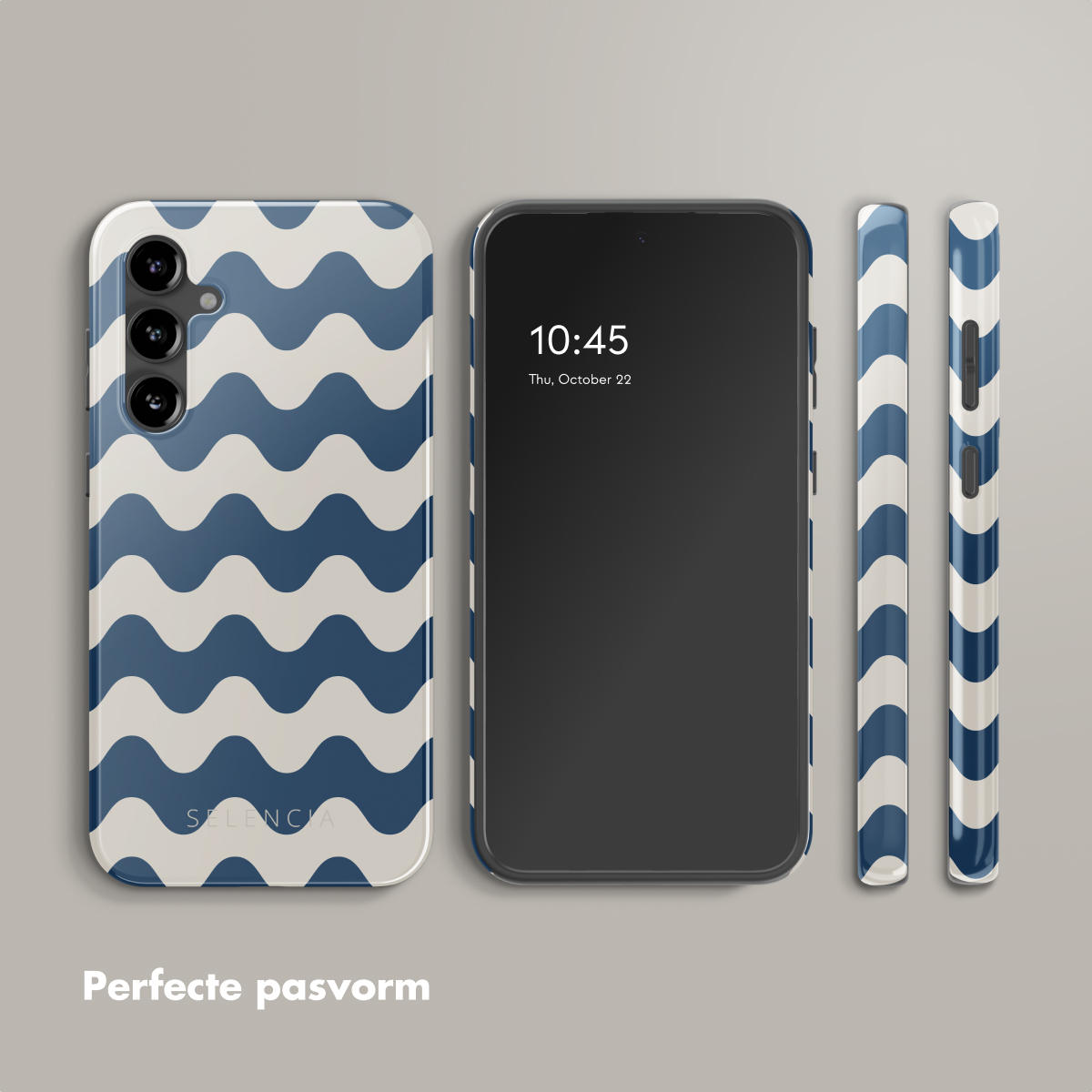 Telefono con custodia a onde blu e bianche. L'ora è 10:45. Due custodie abbinate a destra.