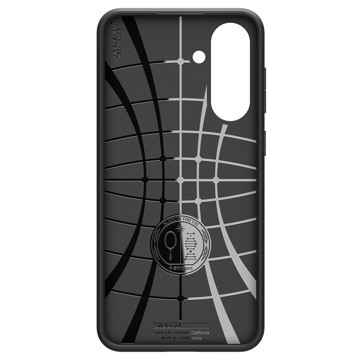 Custodia nera per telefono con design a griglia e logo Spigen. Prodotta in Corea del Sud, con ritaglio fotocamera.