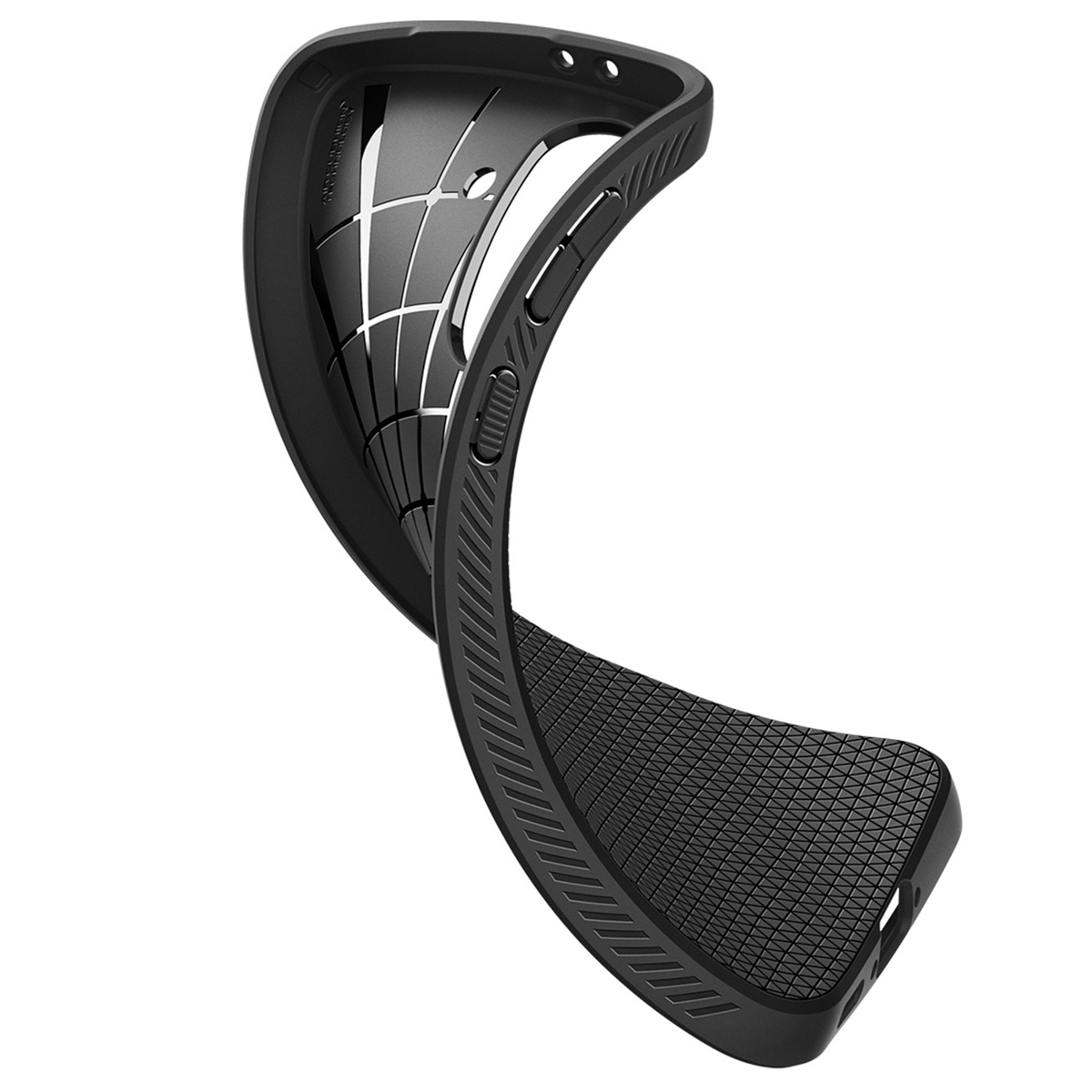 Flexibele telefoonhoes, zwart met textuur op de achterkant en zijkanten. Gebogen vorm.