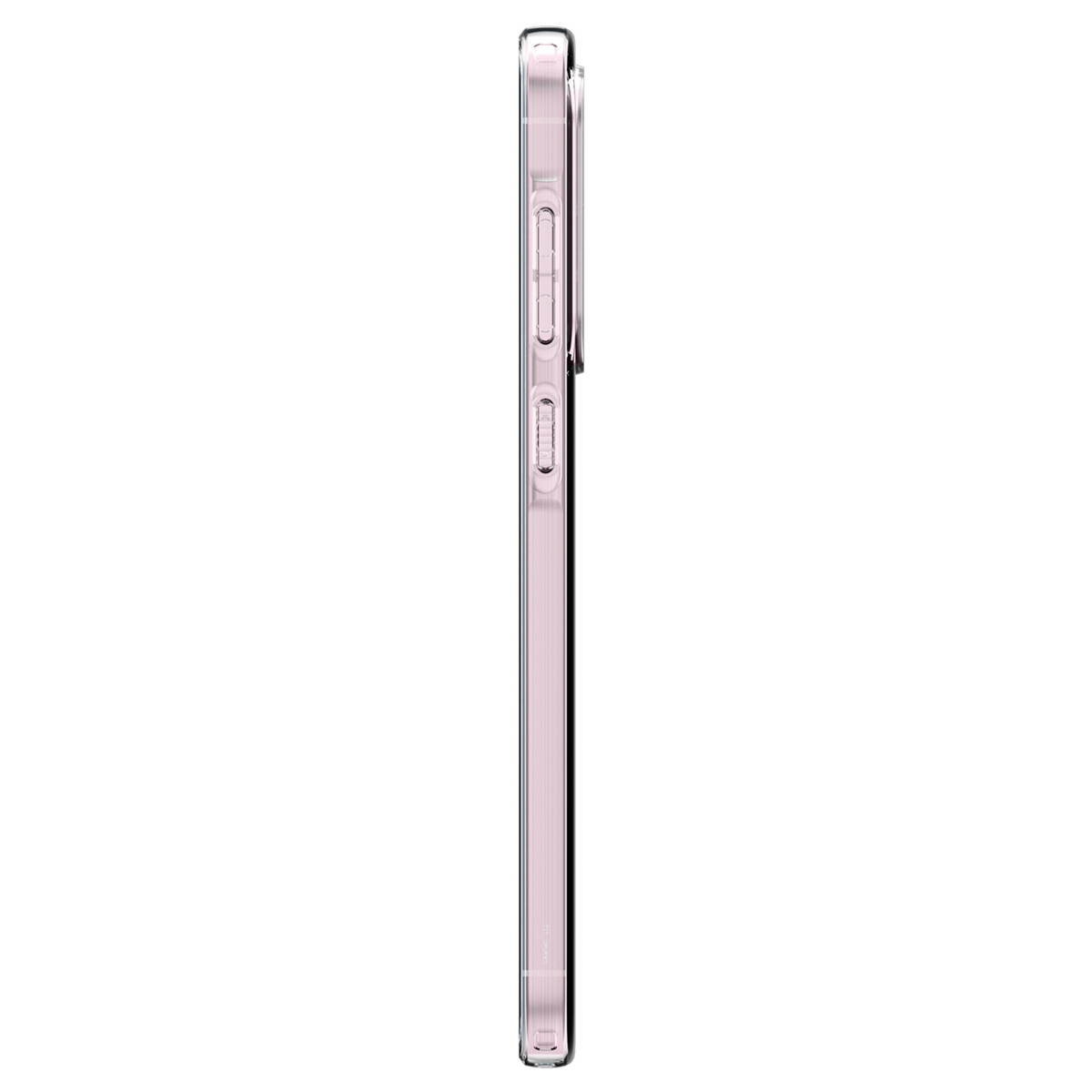Pink phone case side view, buttons visible.