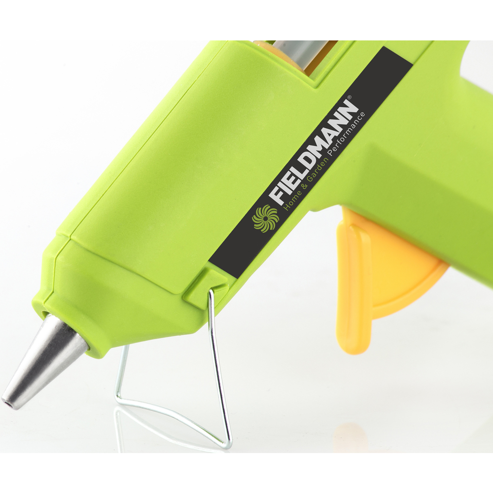 Pistola per colla verde lime con supporto argentato e logo nero.