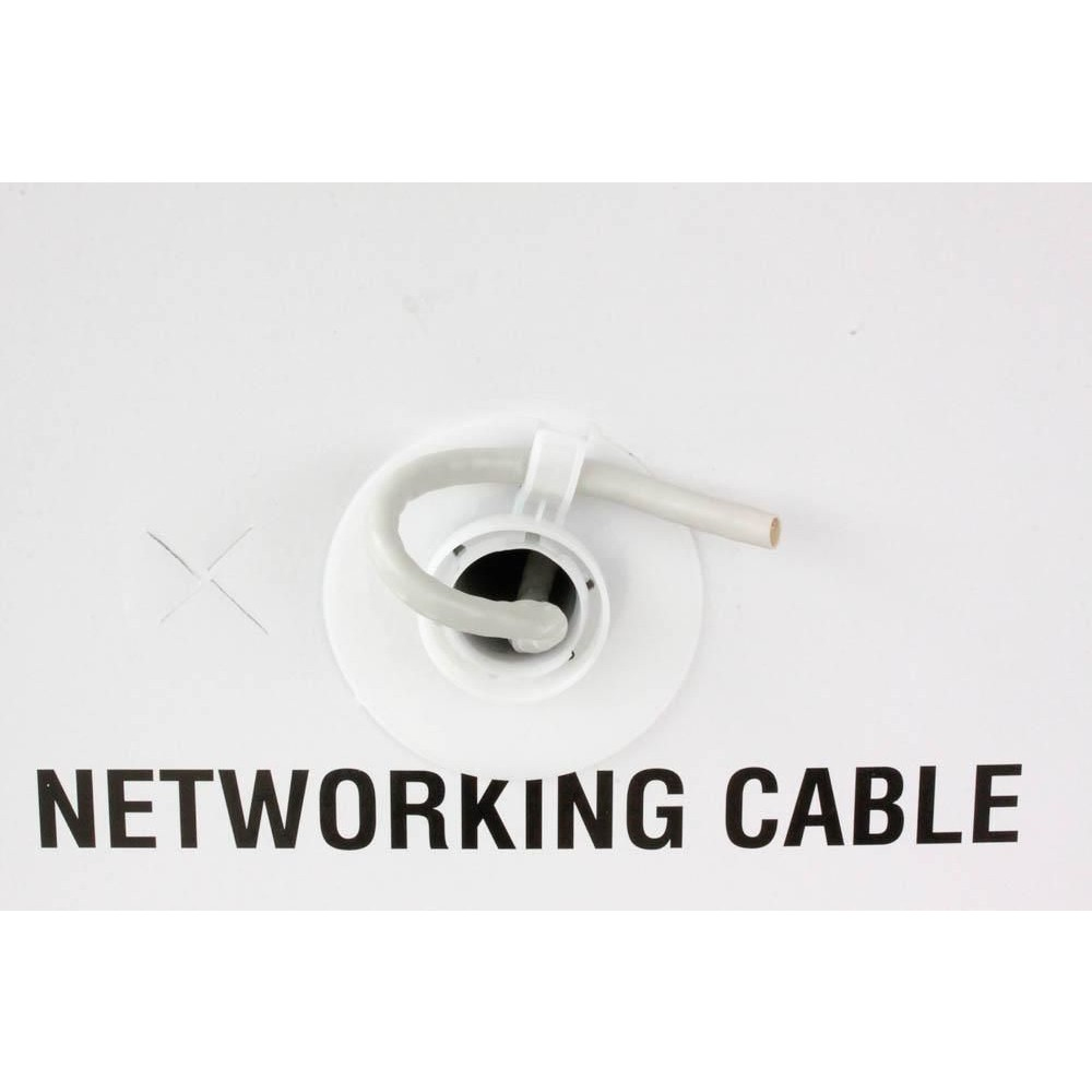 Biały kabel sieciowy zamocowany na białej powierzchni. Tekst: 'NETWORKING CABLE'.