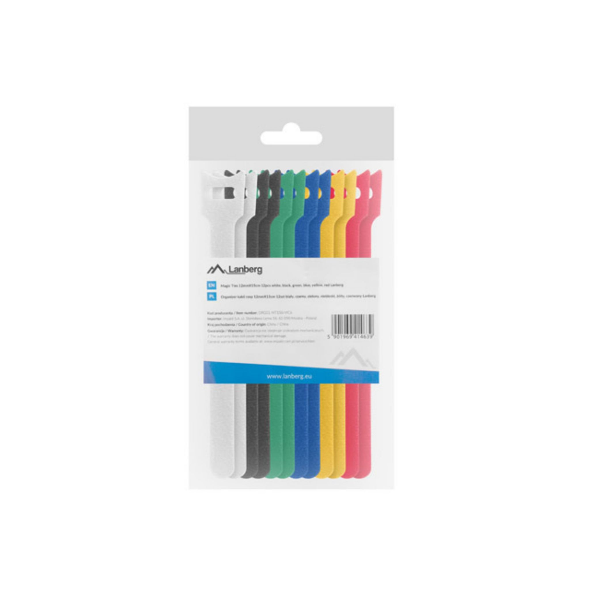 Un paquete de bridas para cables de colores en un embalaje blanco y gris, con la marca 'Lanberg'.