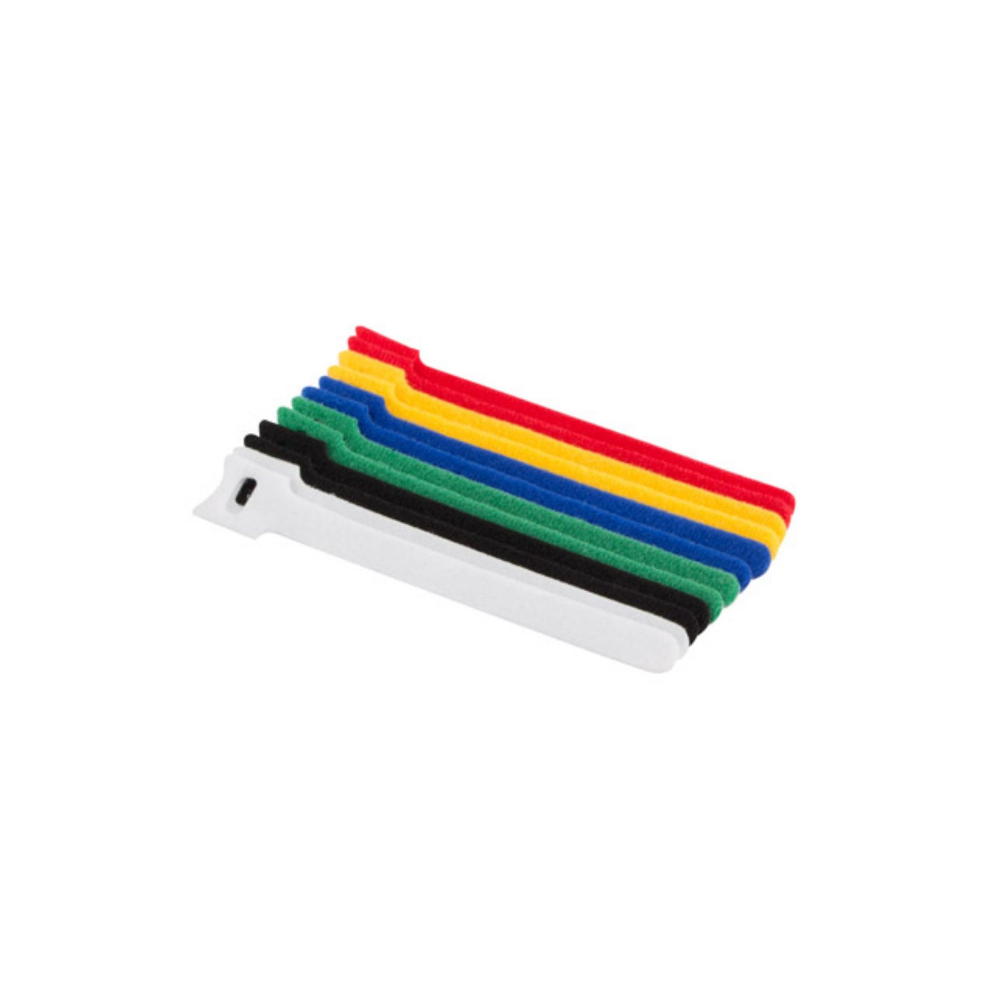 Brida de cable de velcro de colores sobre superficie blanca.
