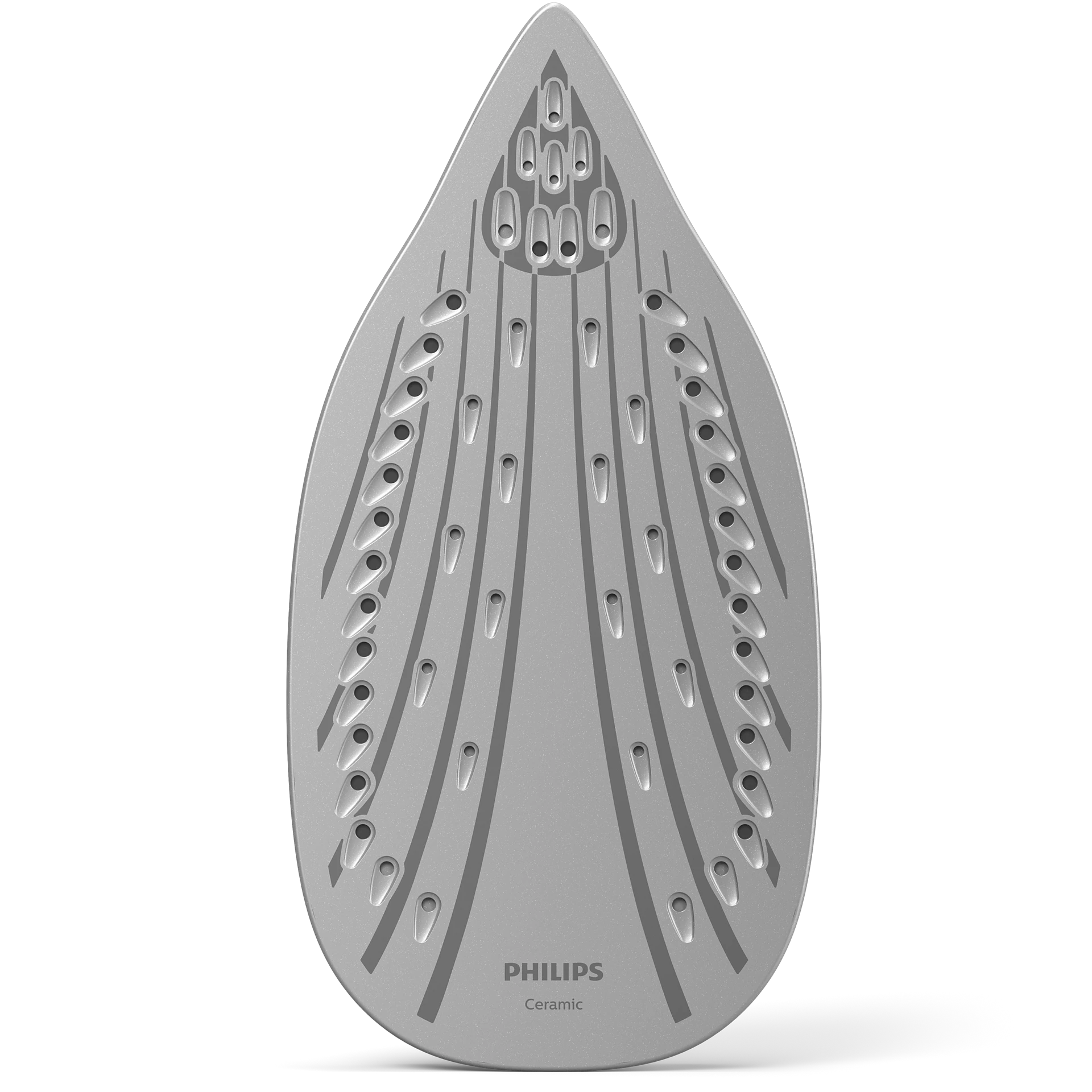 Bügeleisensohle. Grau mit Löchern und Philips Ceramic-Text.
