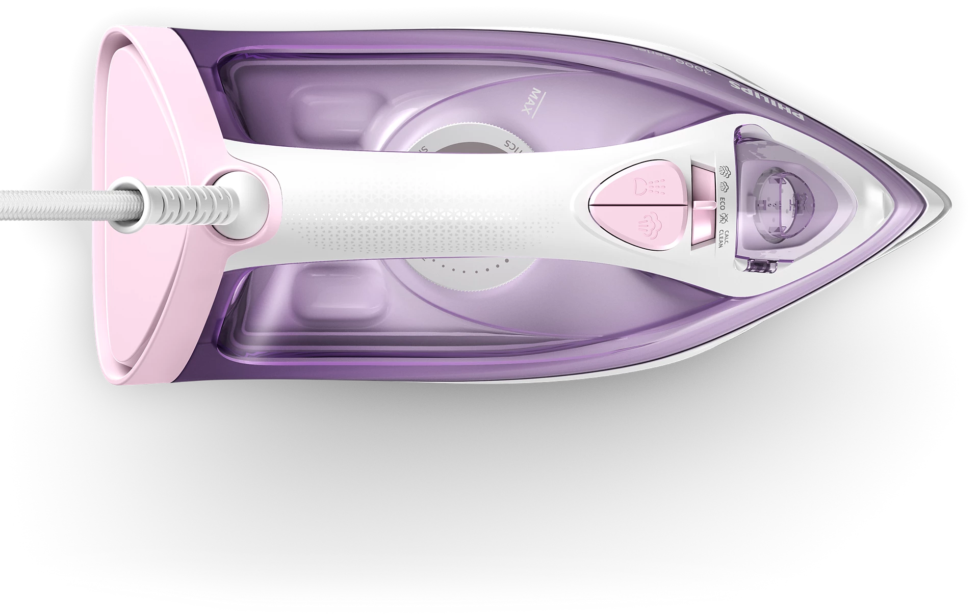 Draufsicht auf ein lila und rosa Bügeleisen mit weißem Kabel auf schwarzem Hintergrund.