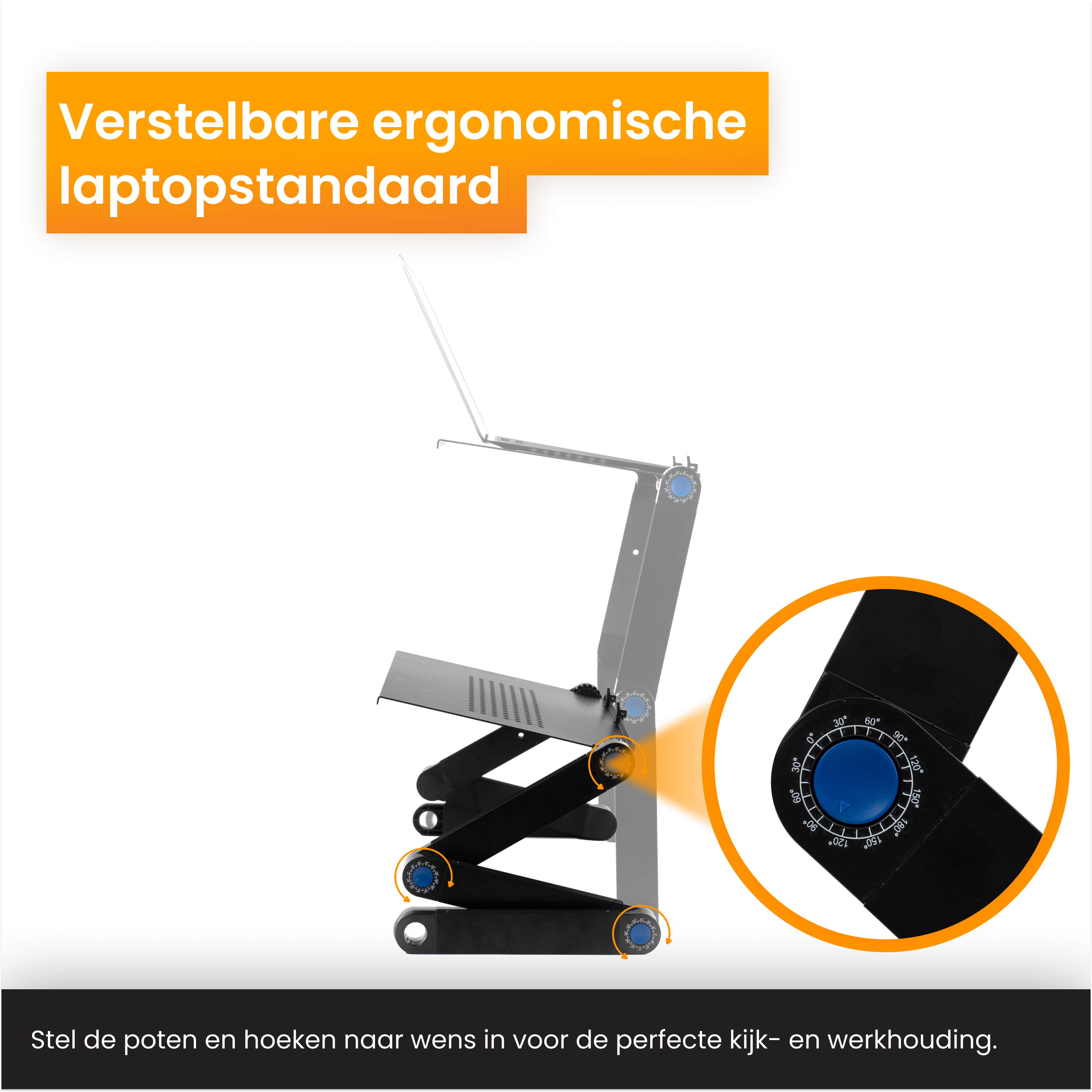 Ein Laptopständer, verstellbar, mit einem Laptop oben drauf. Auch ein einstellbarer Winkelanzeiger.