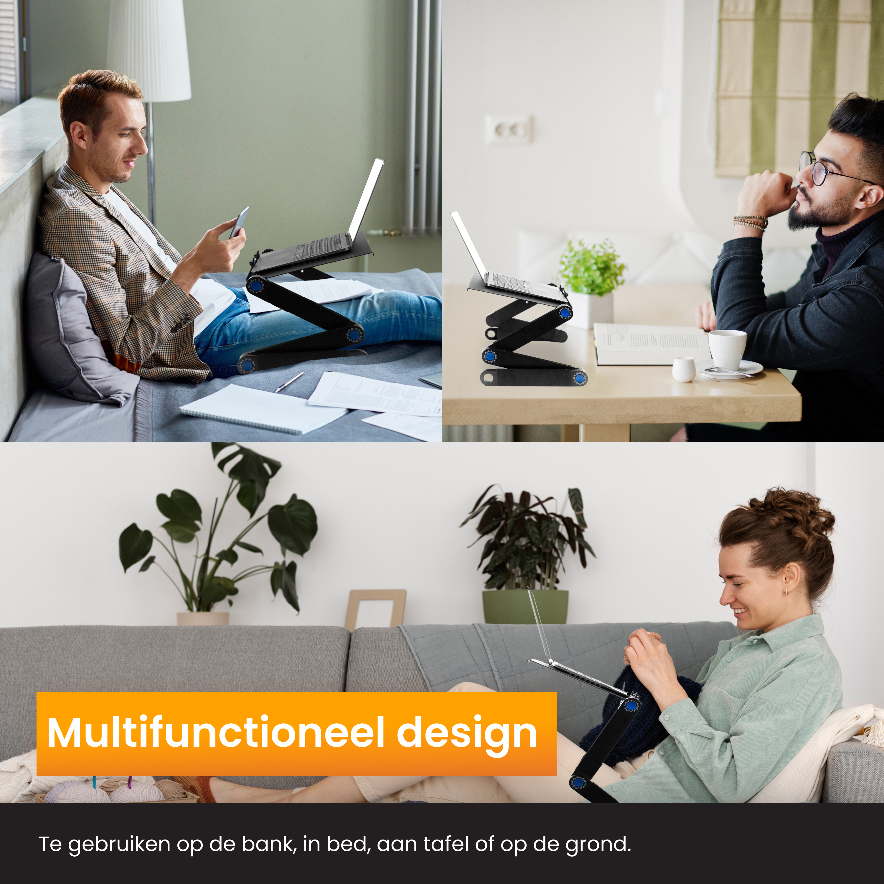 Multi-Szenen-Bild: Personen benutzen einen Laptop auf Bett, Tisch und Sofa. Schwarzer Laptop-Ständer im Einsatz.