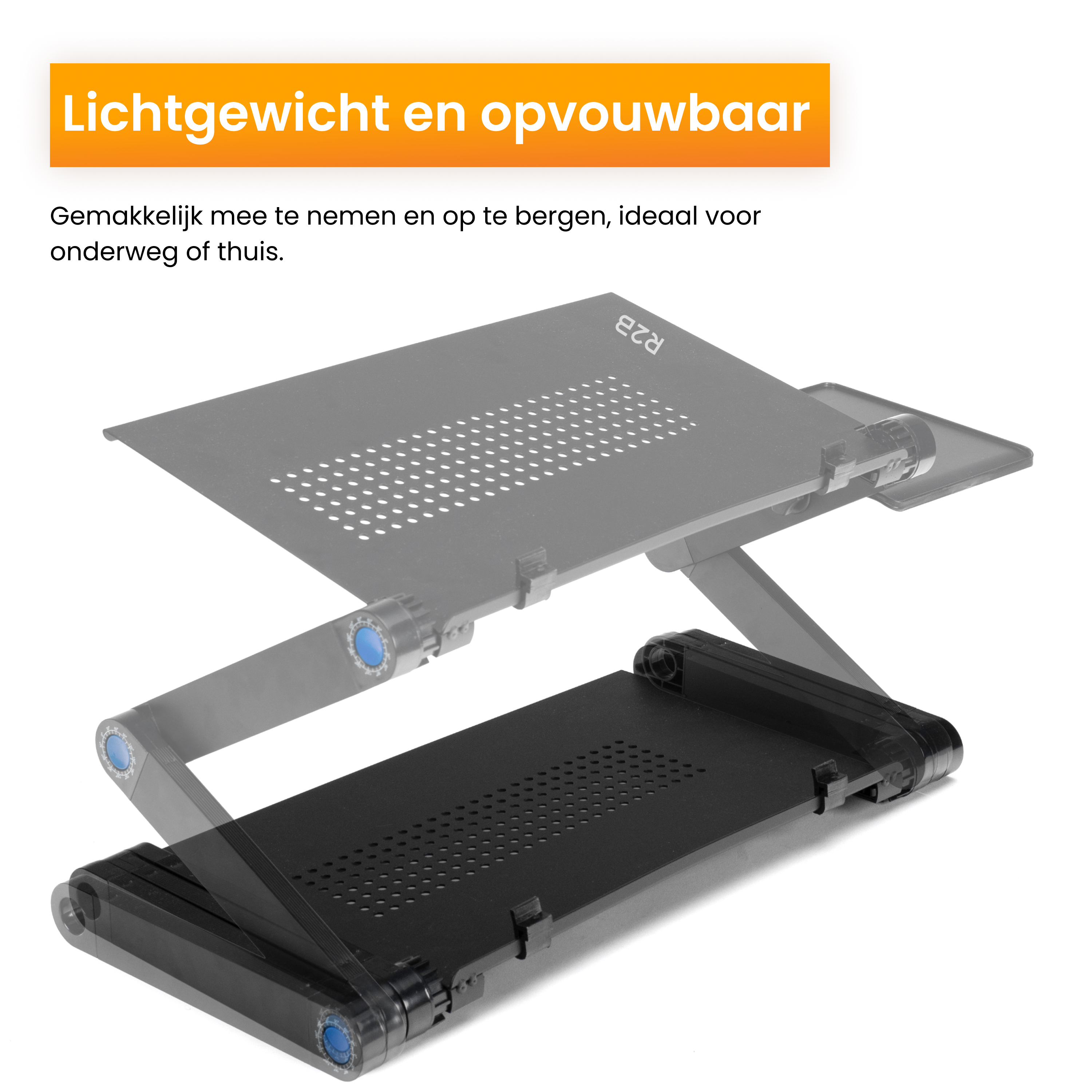 Ein schwarzer, zusammenklappbarer Laptop-Ständer mit Text.