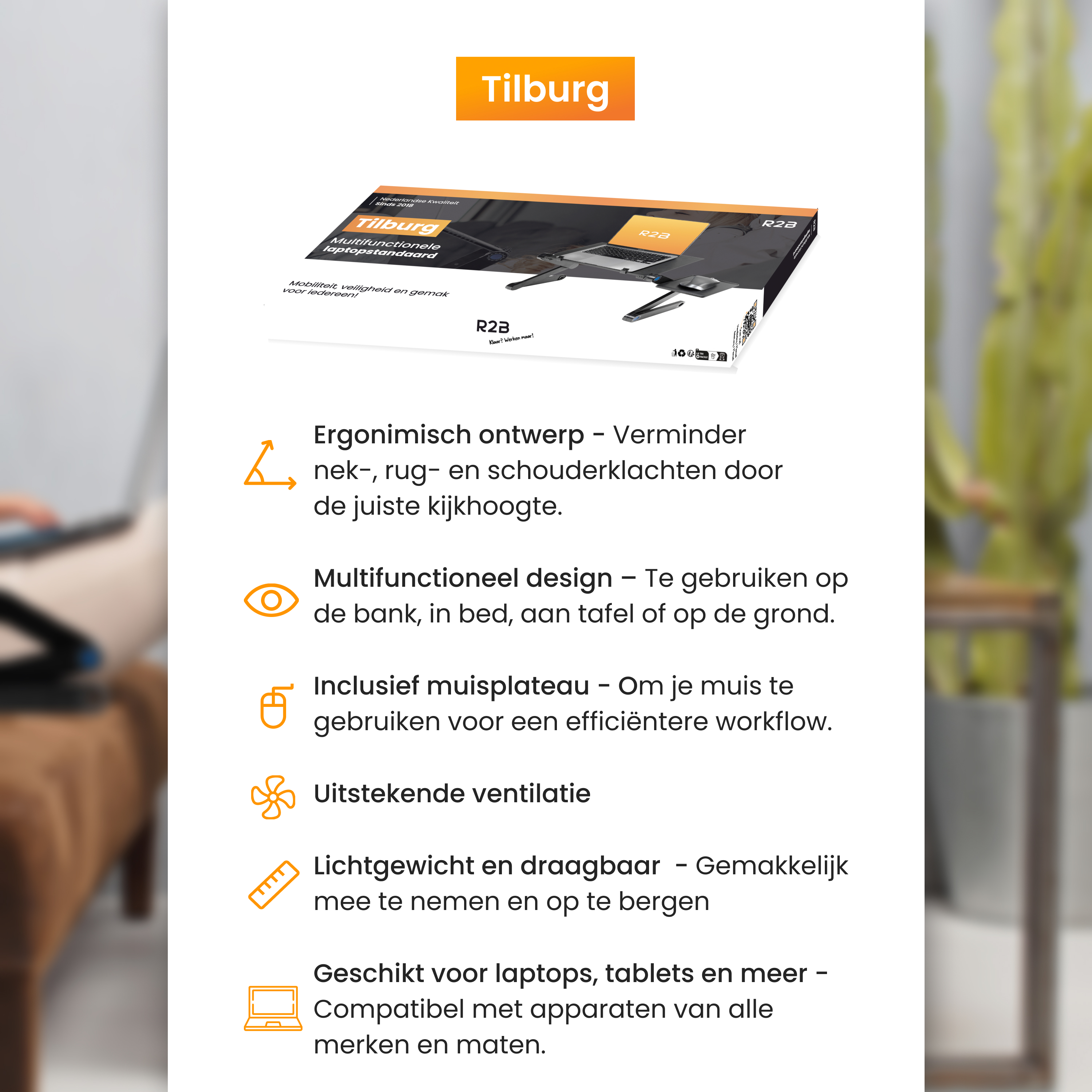 Weißer Hintergrund mit Text und Produktbox. Text beschreibt ergonomisches Design und Merkmale. Pflanze im Hintergrund.