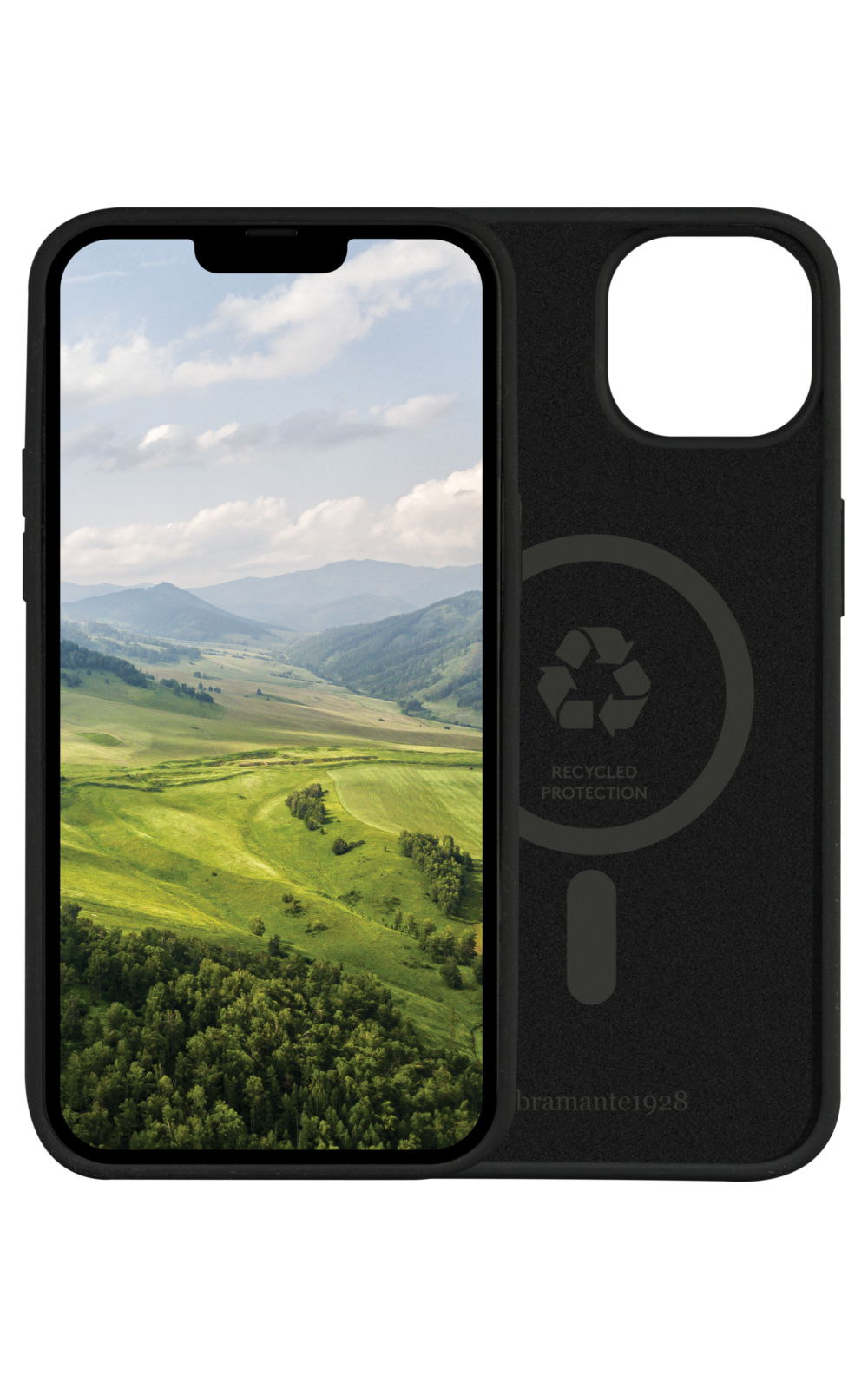 Custodia nera per telefono con telefono che mostra un paesaggio verde. Logo riciclato sul retro.