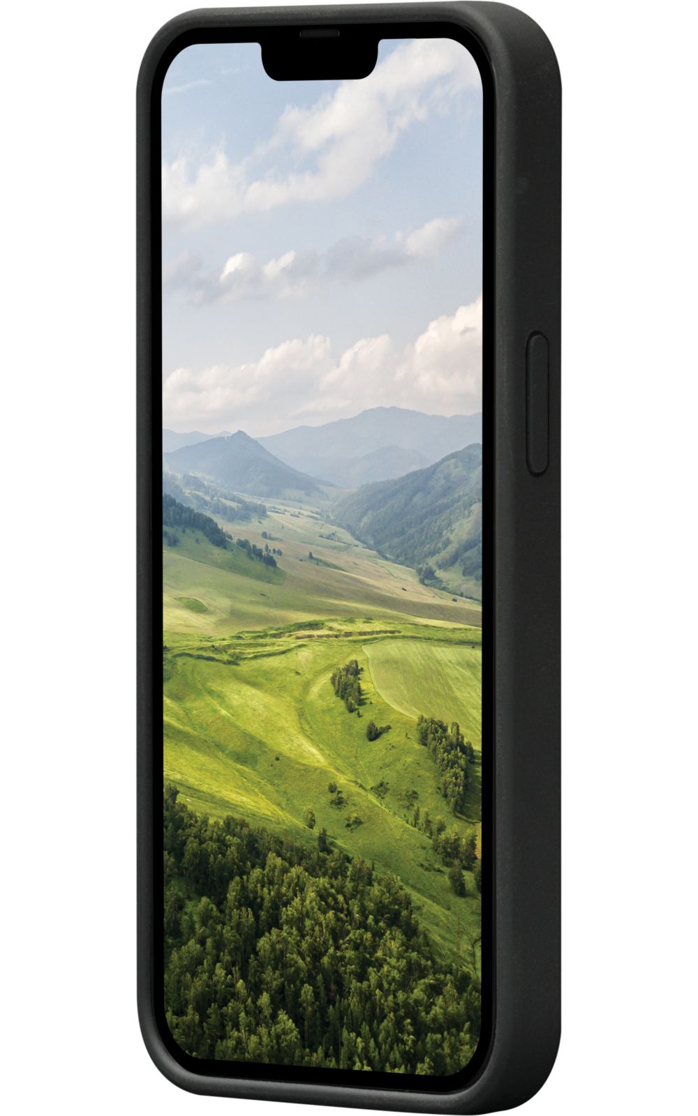 Telefono nero con schermo che mostra un paesaggio di colline verdi e cielo.