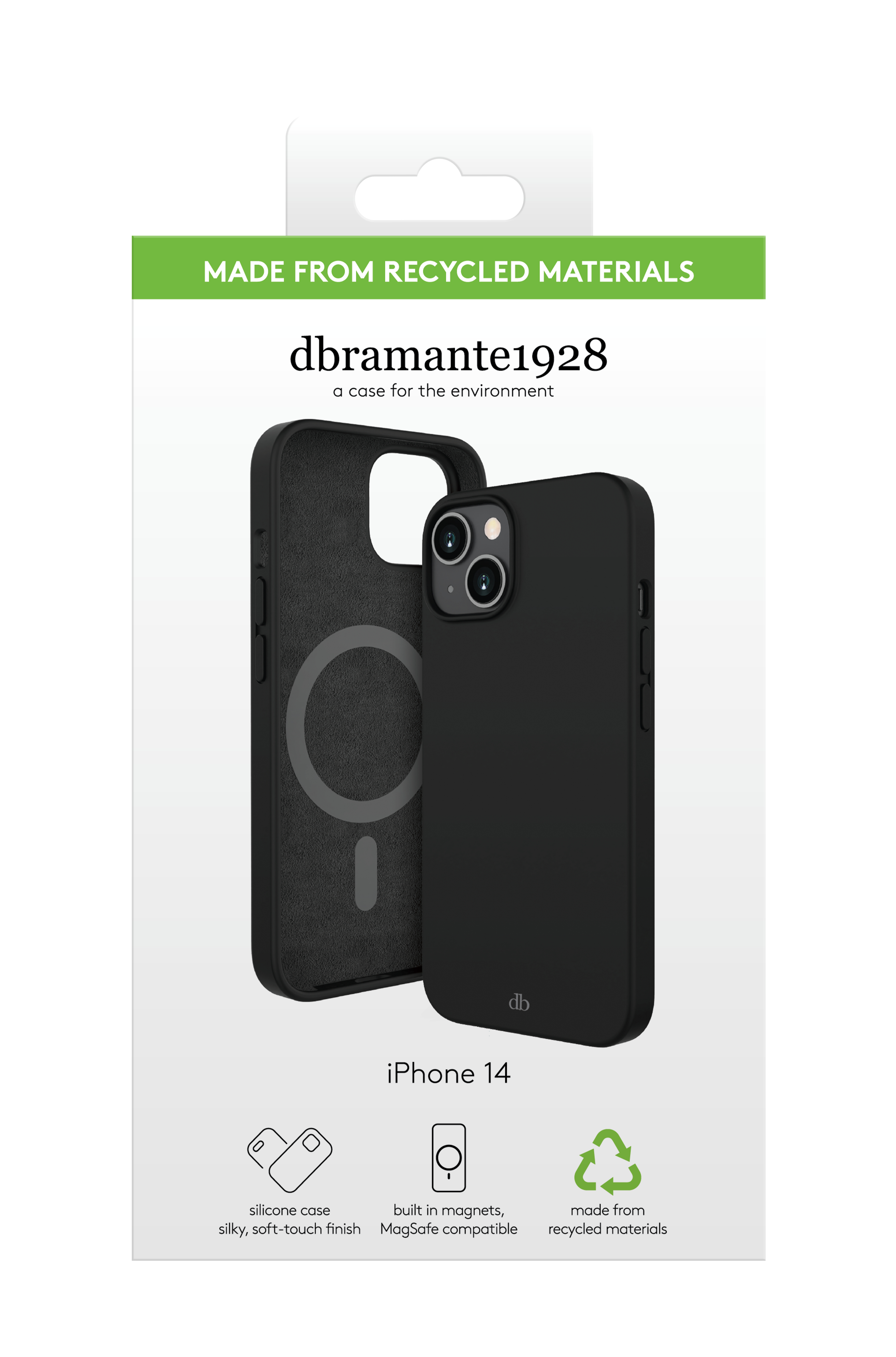 Custodia per iPhone 14 in una scatola, realizzata con materiali riciclati.
