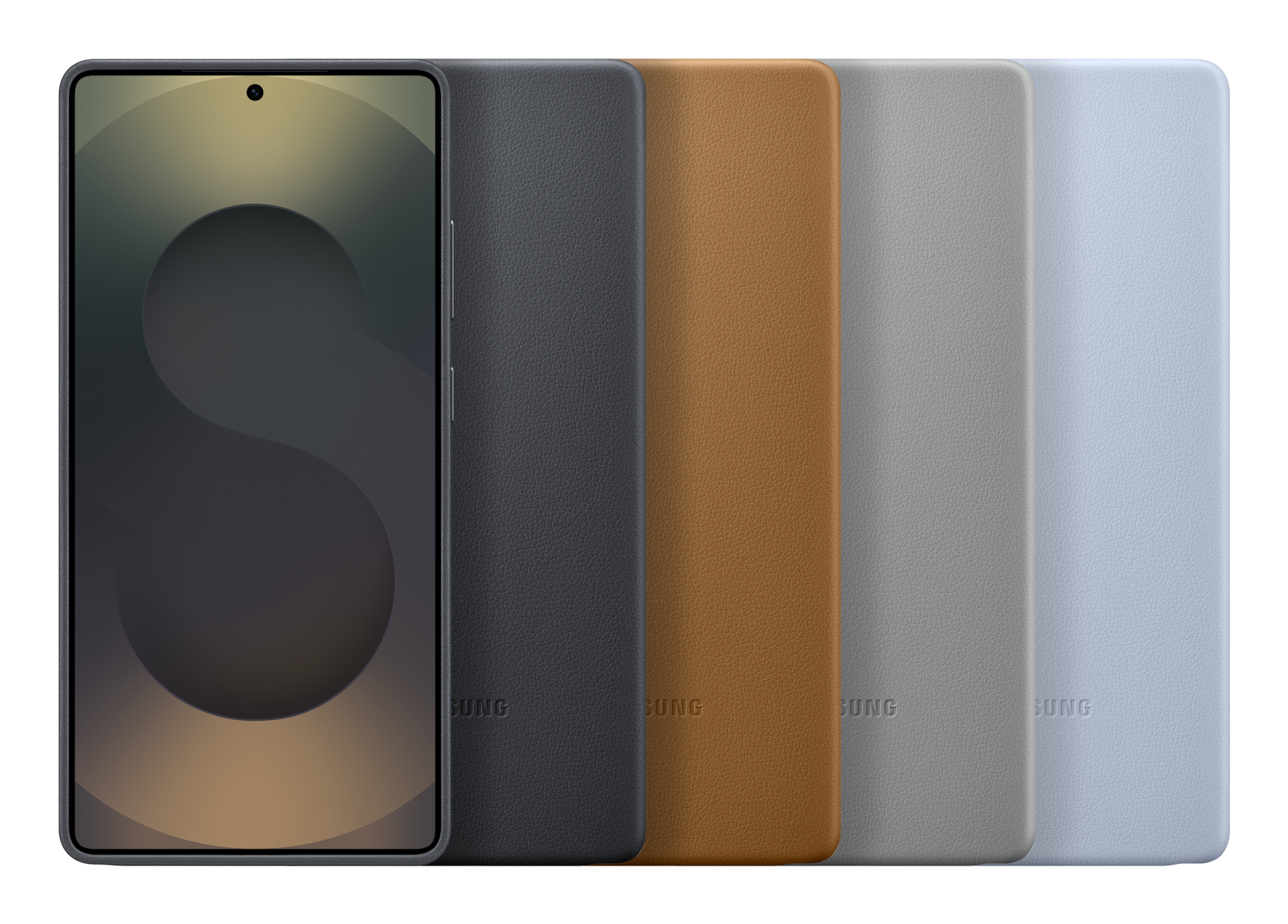 Telefon i cztery kolorowe etui. Telefon jest czarny, etui są szare, niebieskie i brązowe.