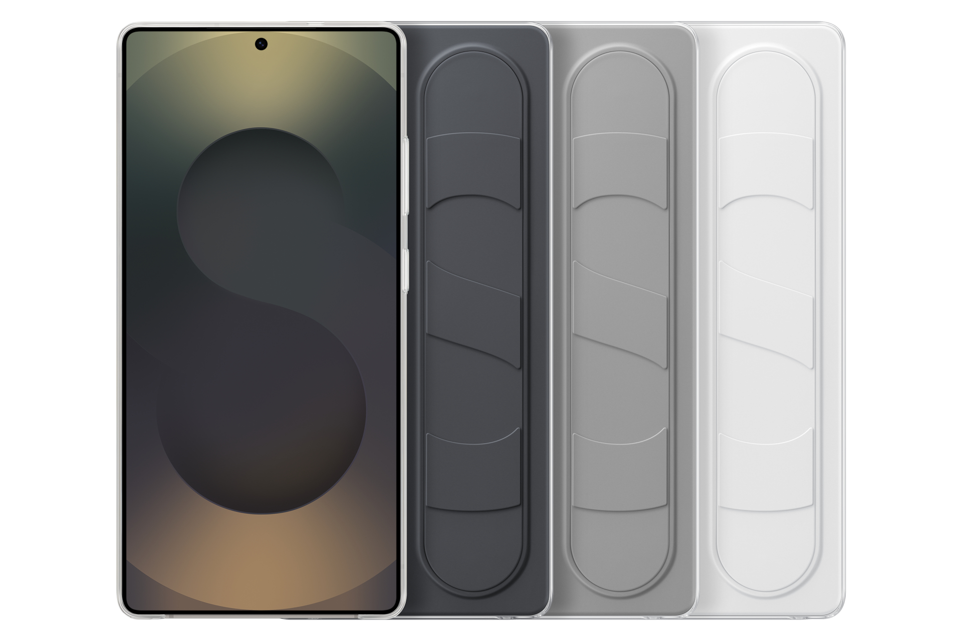 Smartfon po lewej stronie, z trzema etui po prawej.  Etui są w różnych odcieniach szarości i bieli.