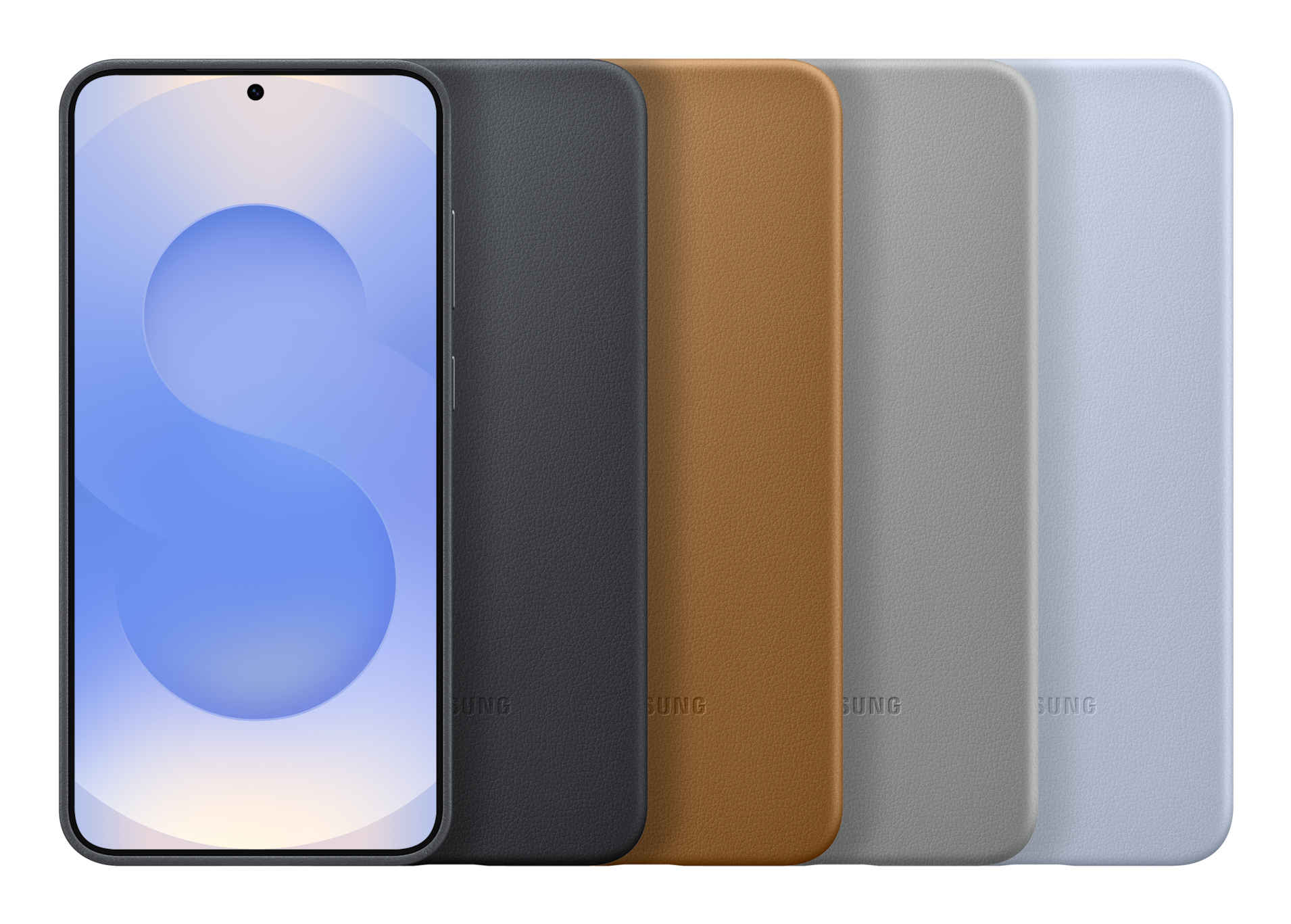 Telefon z niebieskim ekranem i białym 'S' obok etui w kolorze czarnym, brązowym, szarym i jasnoniebieskim.