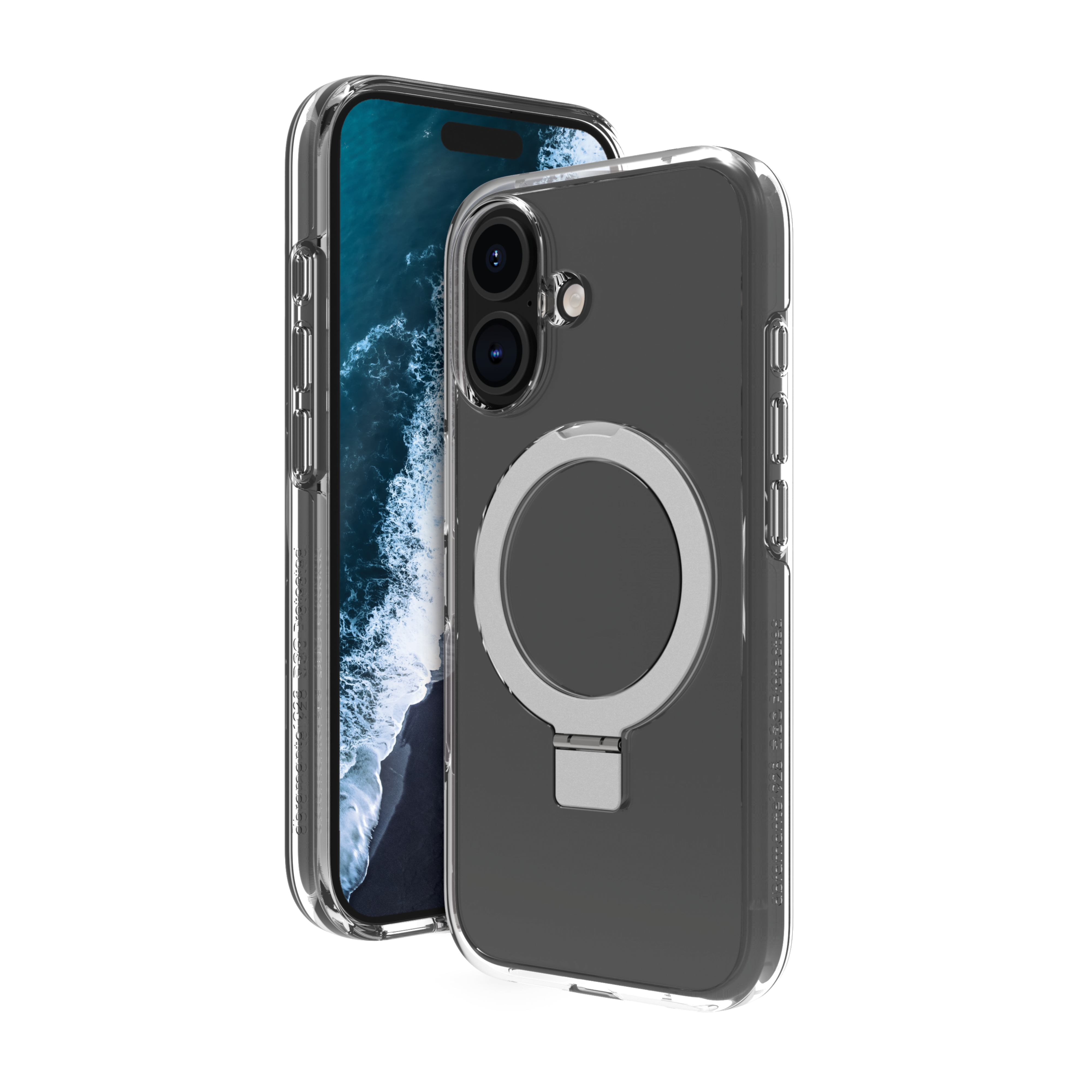Telefono e una custodia trasparente con anello magnetico.
