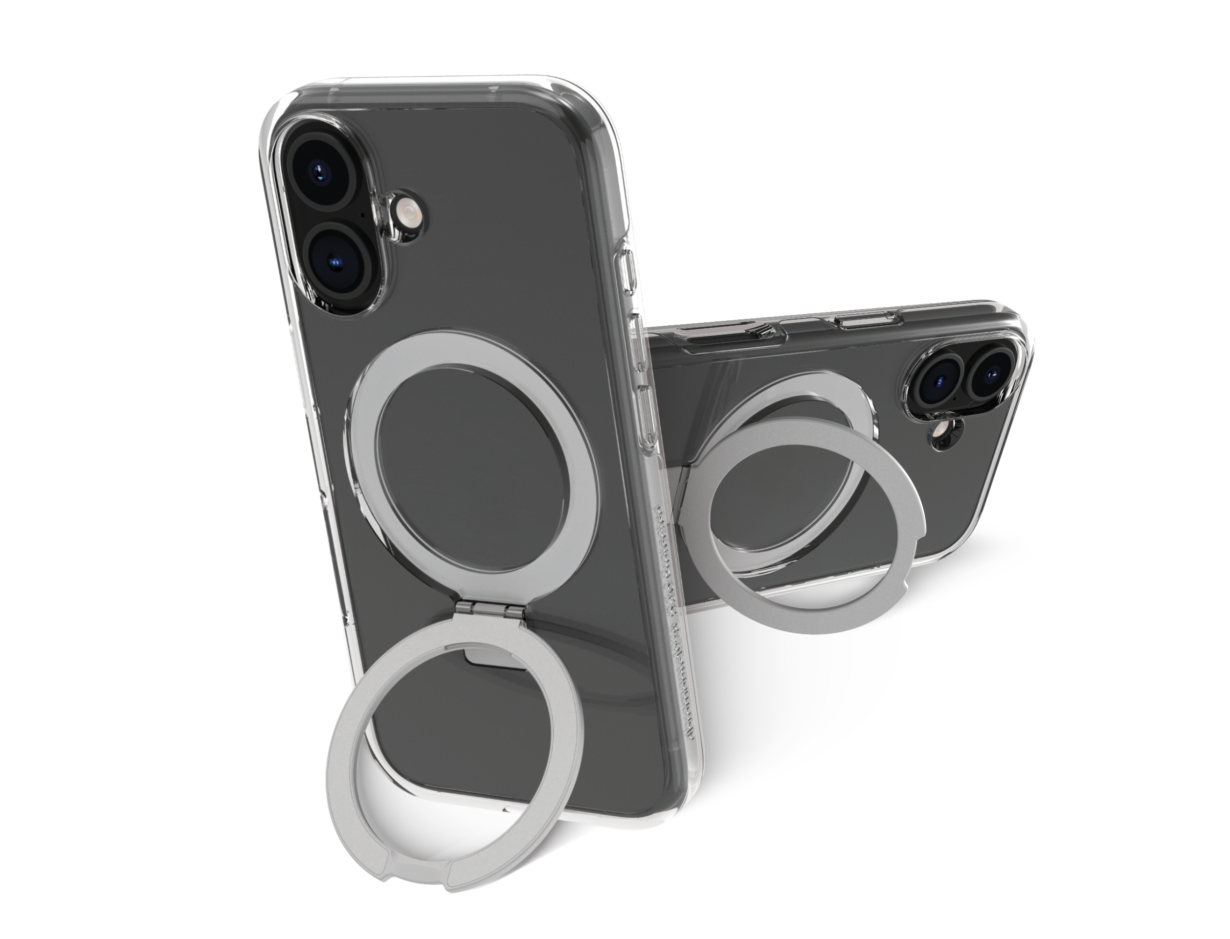 Custodia trasparente per telefono con due telefoni, uno con supporto ad anello.