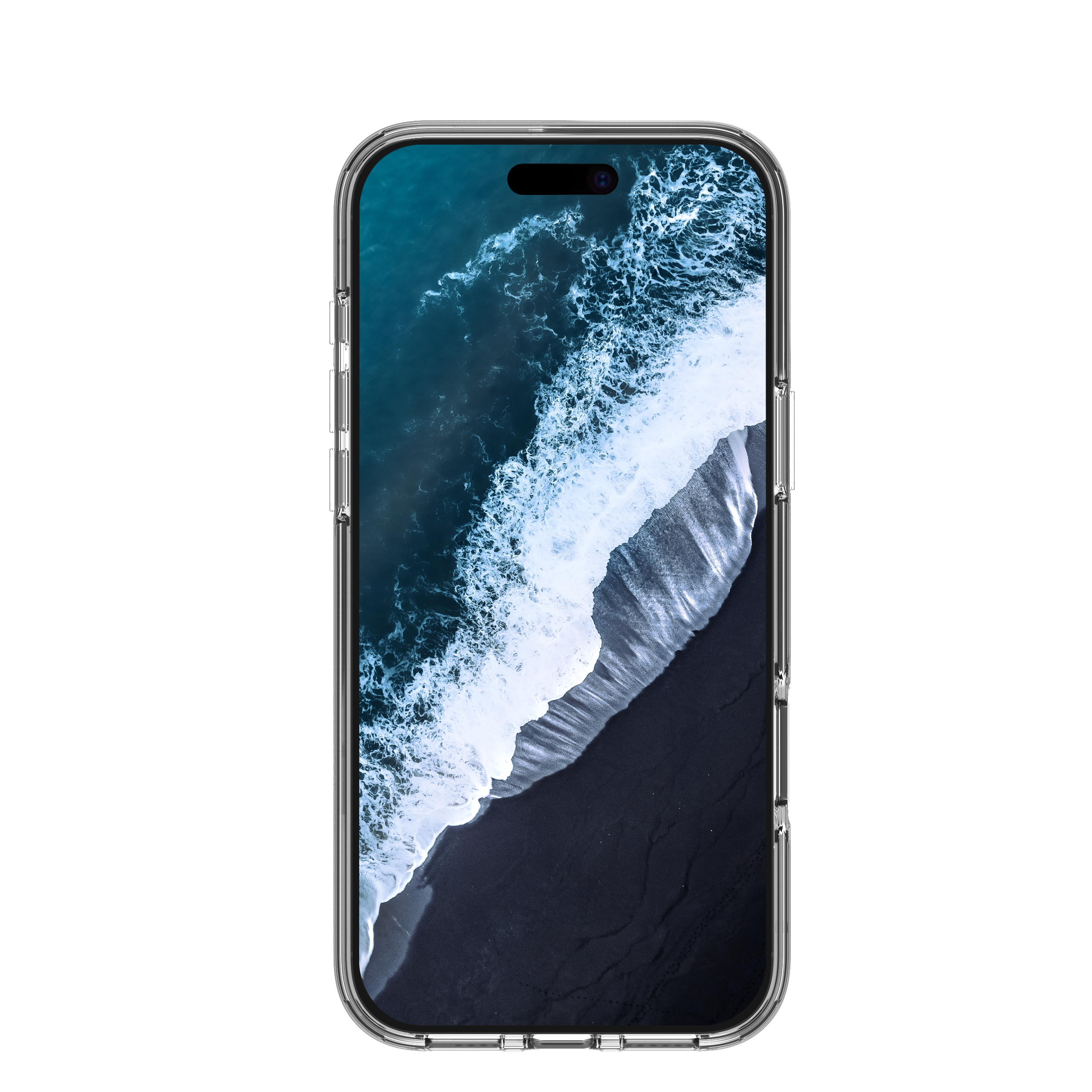 Custodia trasparente su un telefono con sfondo di onde oceaniche. Spiaggia nera, custodia trasparente.