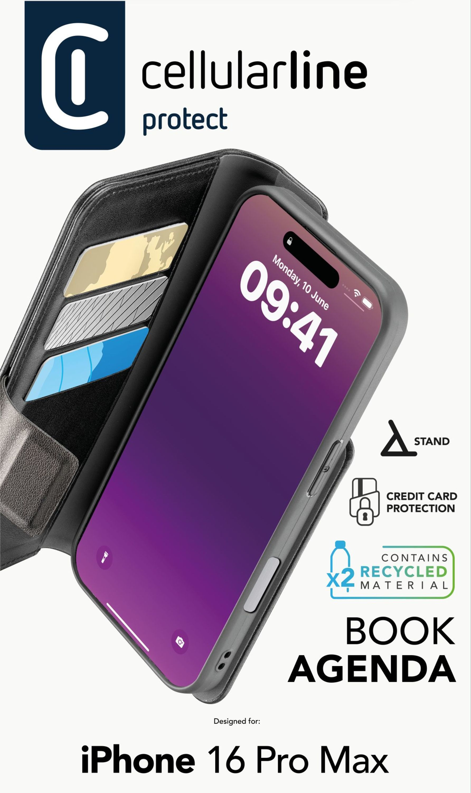 iPhone 16 Pro Max in una custodia a libro, con slot per carte e info materiale riciclato.