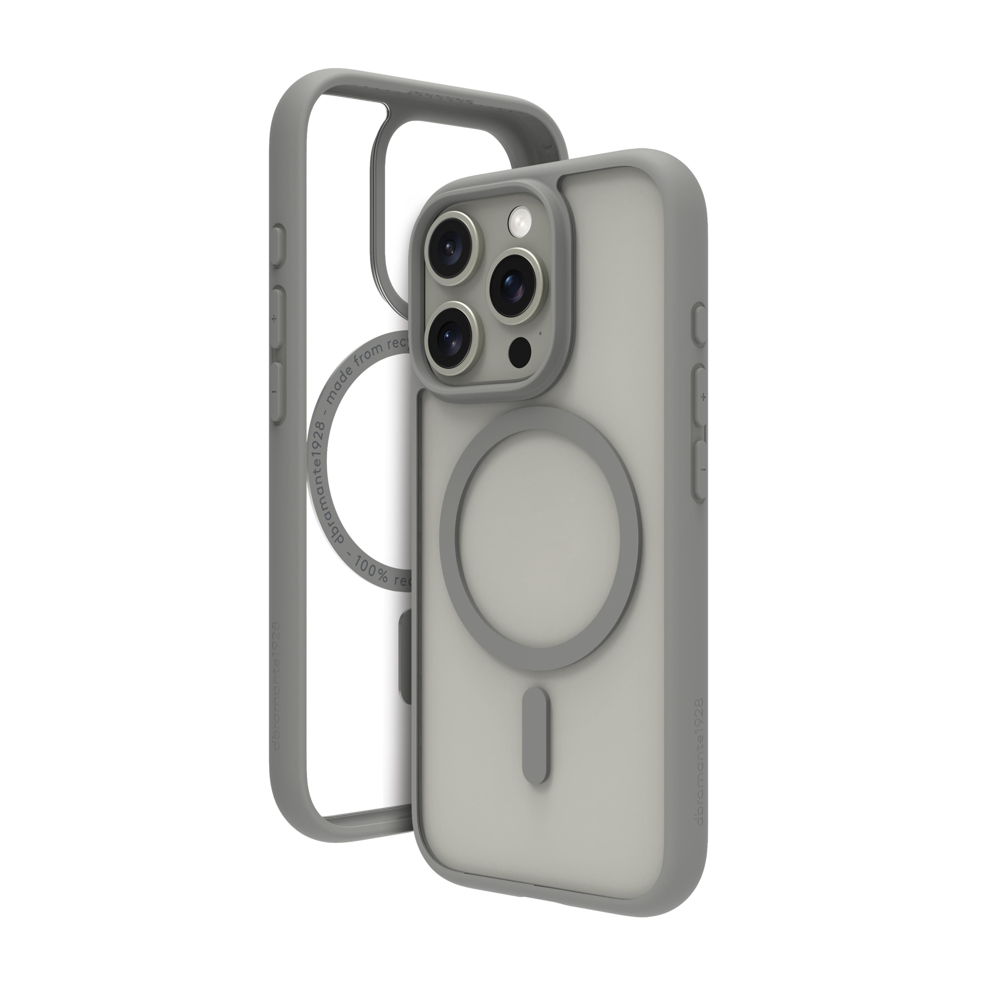 Custodia per telefono, trasparente con cornice grigia, cerchio magnetico e ritagli per fotocamera.