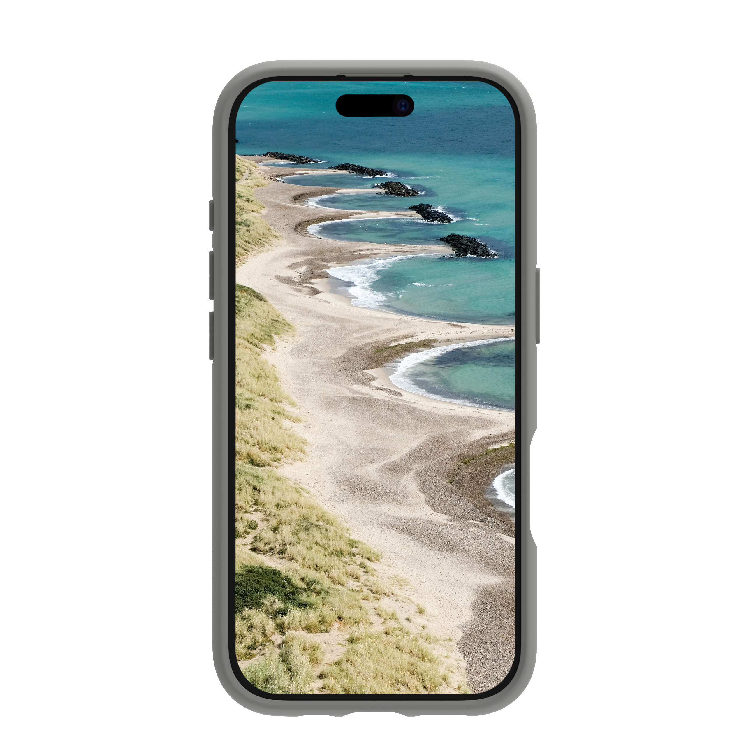 Custodia per telefono con un'immagine di spiaggia e oceano. Il telefono è in una custodia grigia.