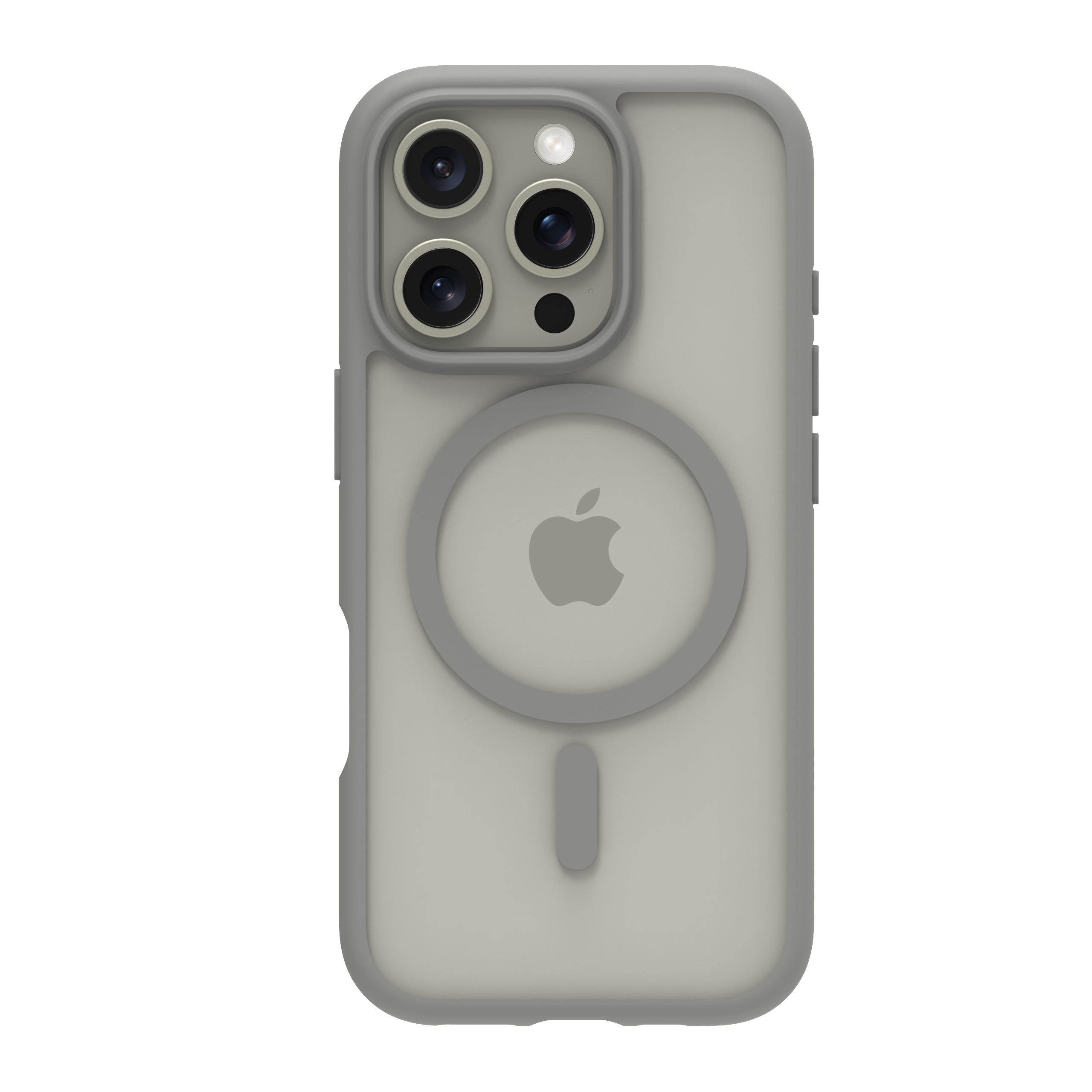 Custodia grigia per iPhone con tre fotocamere e logo Apple. Custodia grigia con cerchio magnetico.