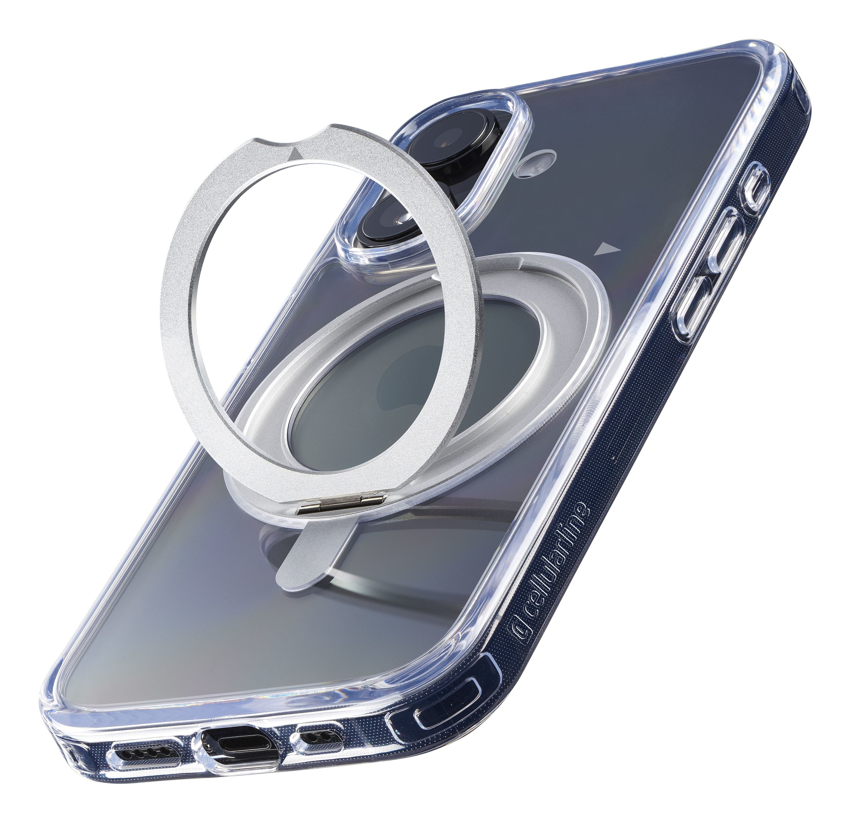 Une coque de téléphone avec un support d'anneau argenté. Le téléphone est visible à travers le dos transparent.