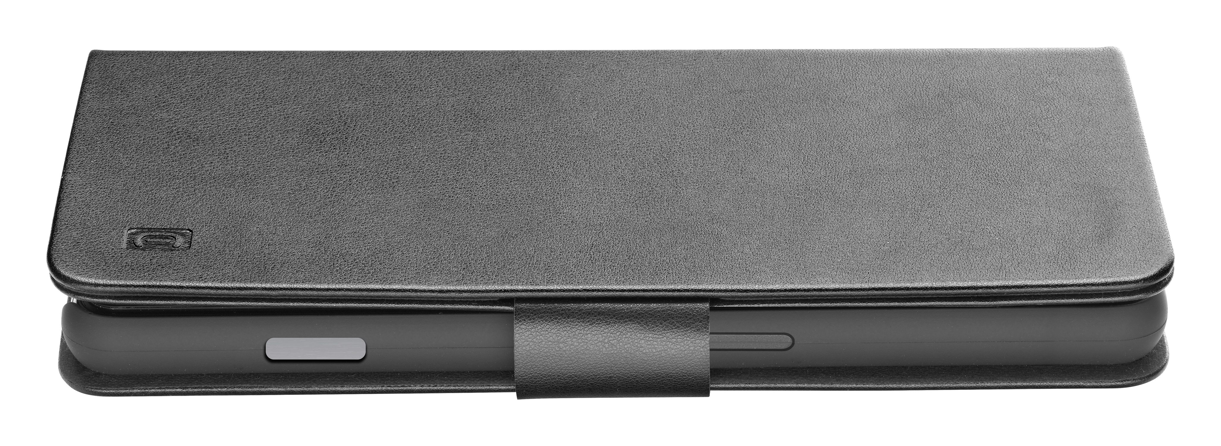 Custodia per telefono nera con patta e chiusura magnetica.
