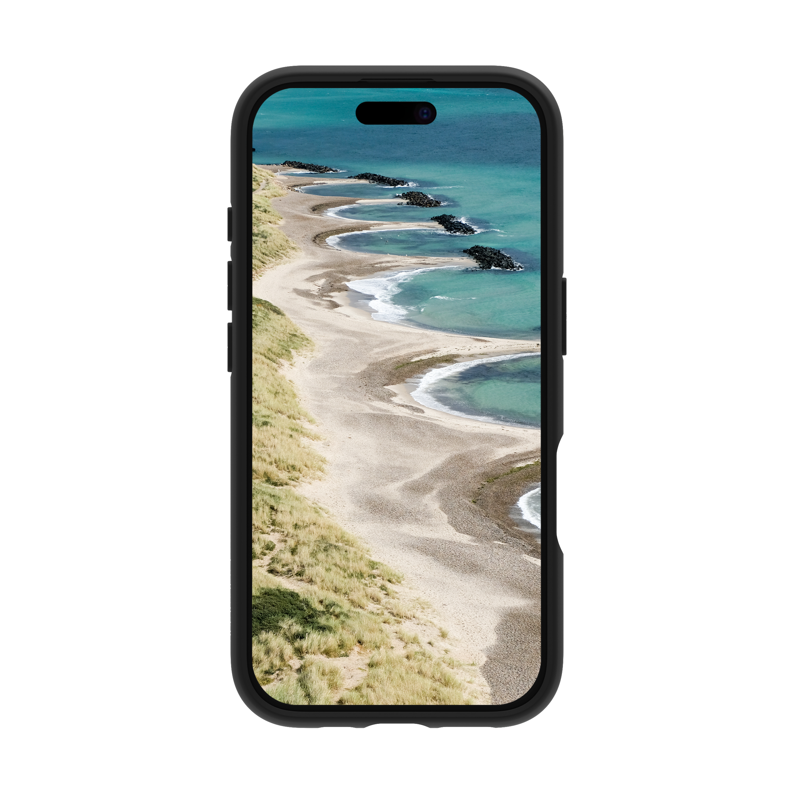 Telefono con custodia nera che mostra una scena sulla spiaggia con frangiflutti.