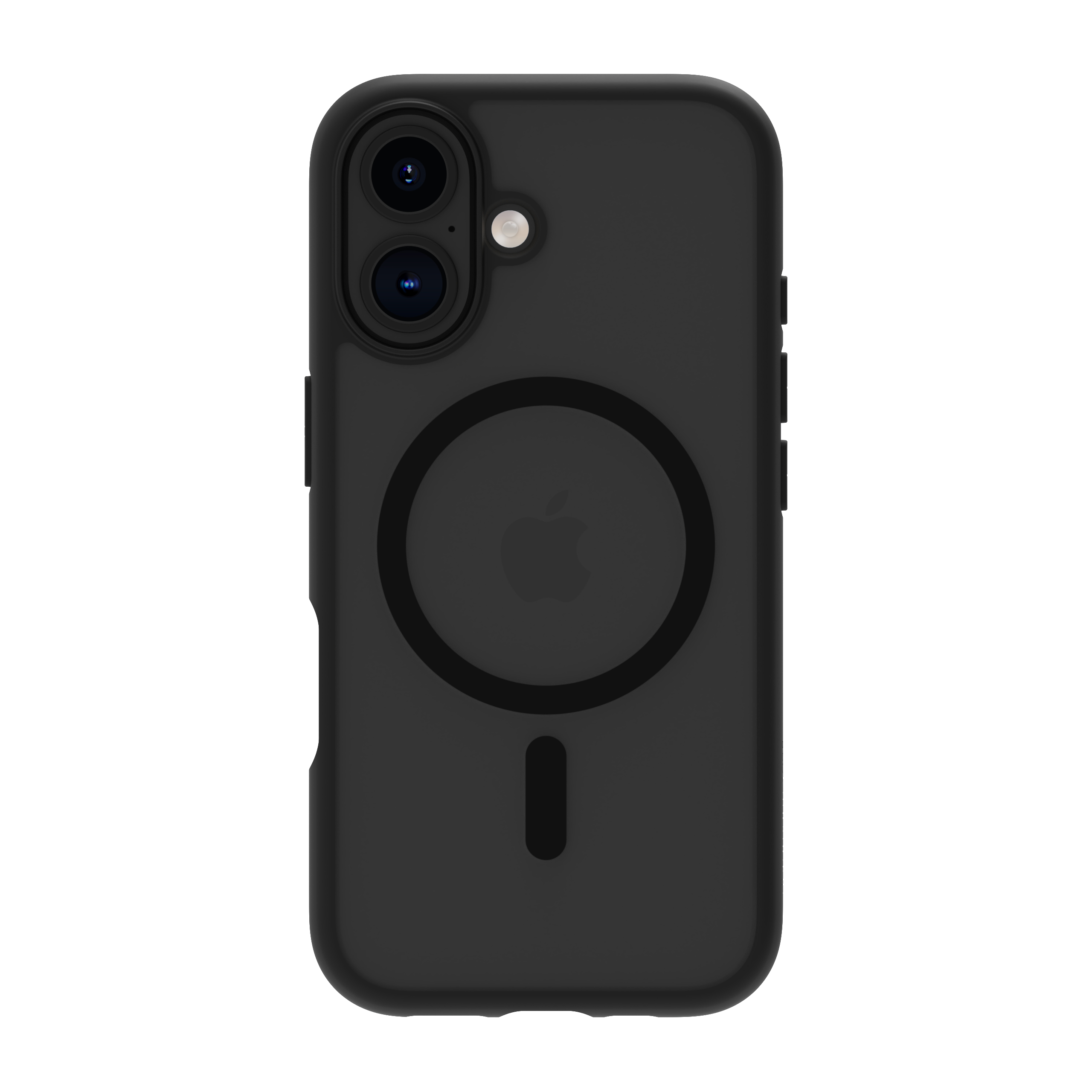 Custodia per telefono nera con design magnetico circolare. Il logo Apple è visibile. Sfondo bianco.