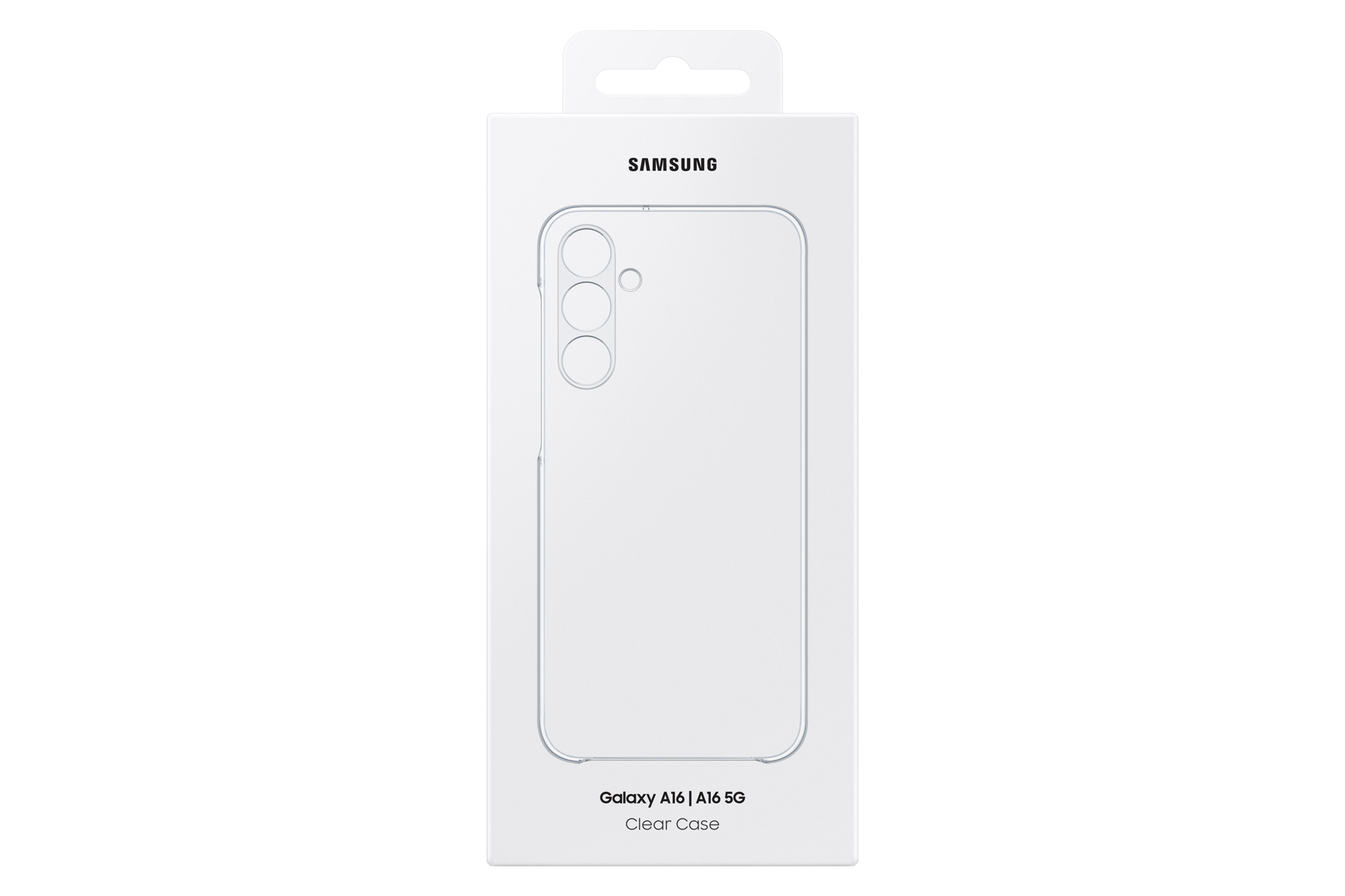 Een witte telefoonhoesjesdoos met het Samsung-logo en de telefoonhoes zichtbaar door het transparante plastic.