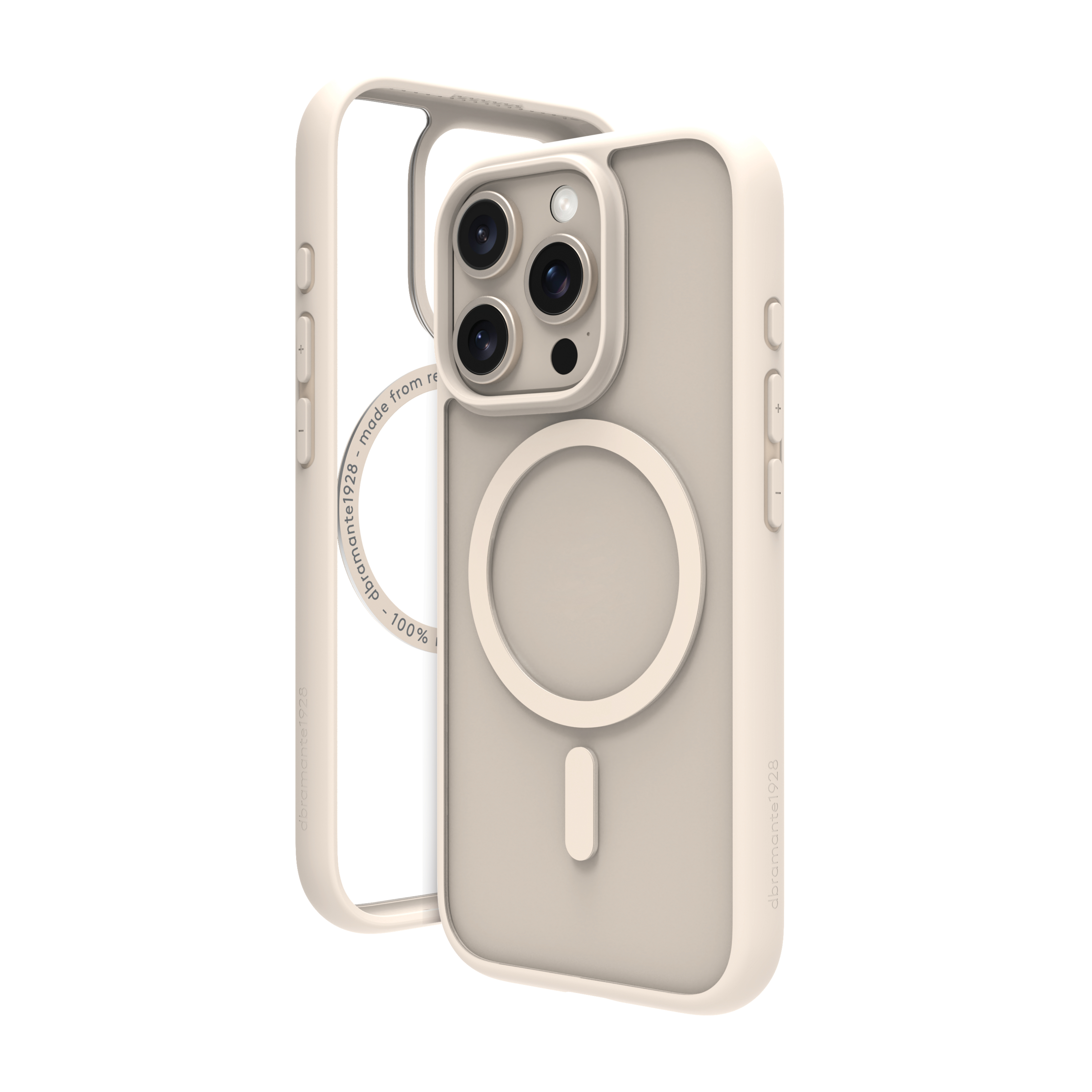 Custodia beige con retro trasparente. Un magnete circolare e un ritaglio per la porta di ricarica sono visibili.